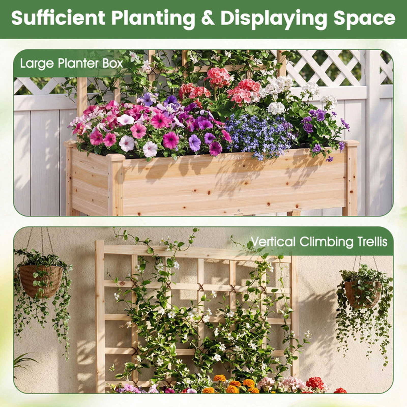 SUGIFT 175-lb Capacity Fir Wood Rolling Raised Garden Bed with Trellis Storage Shelf and 4 Swivel Wheels