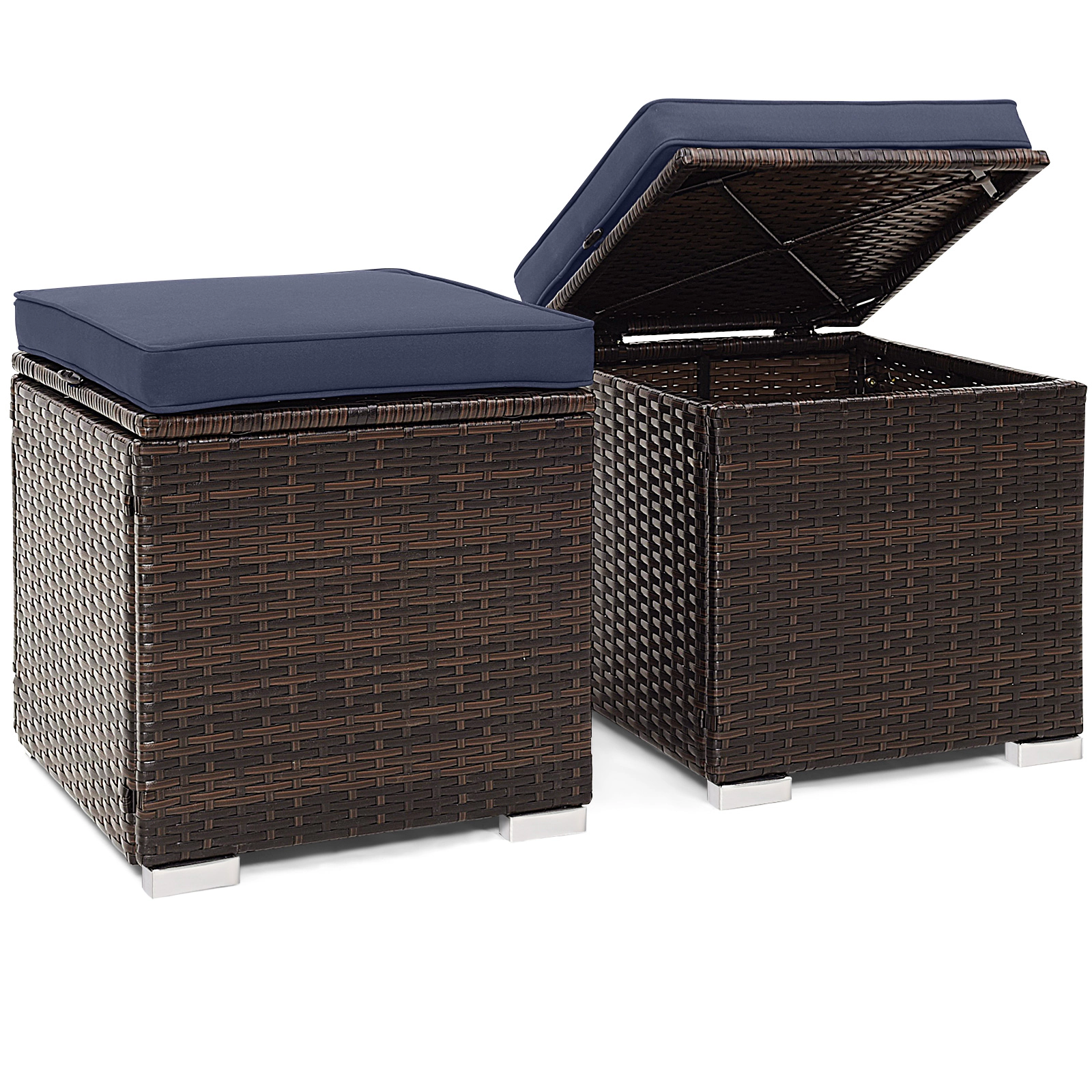 SUGIFT Set of 2 Navy Cushioned Wicker Storage Ottomans, 350 lb Capacity