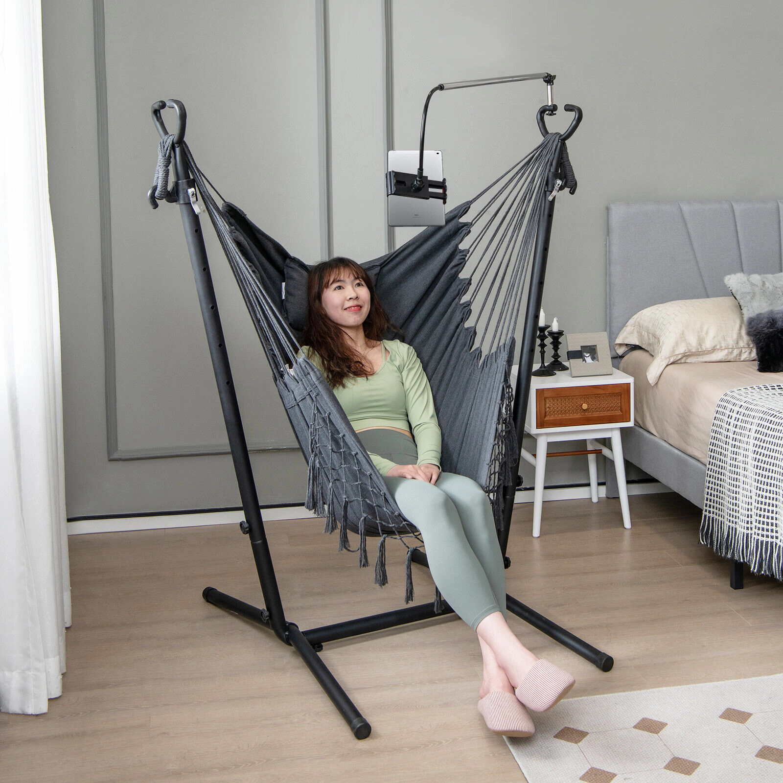SUGIFT Height Adjustable Hammock Chair with 119° U-Shaped Stand, Phone Holder and Side Pocket 550-lb Capacity Gray