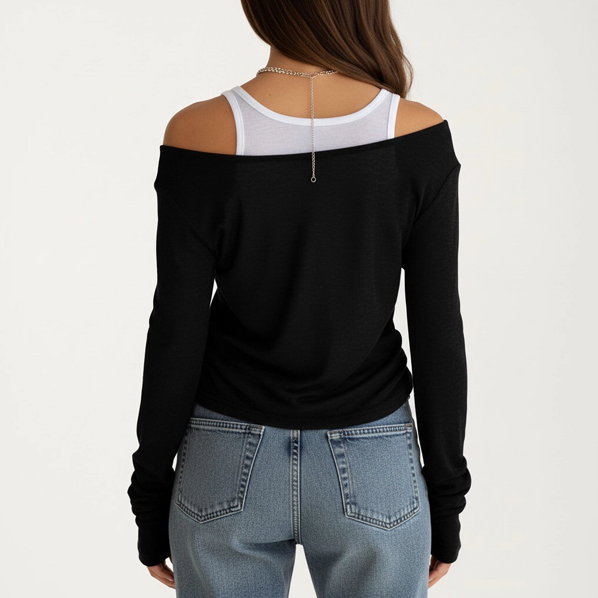 Anna-Kaci Women's Off Shoulder Long Sleeve Layered Knit Top with Relaxed Fit