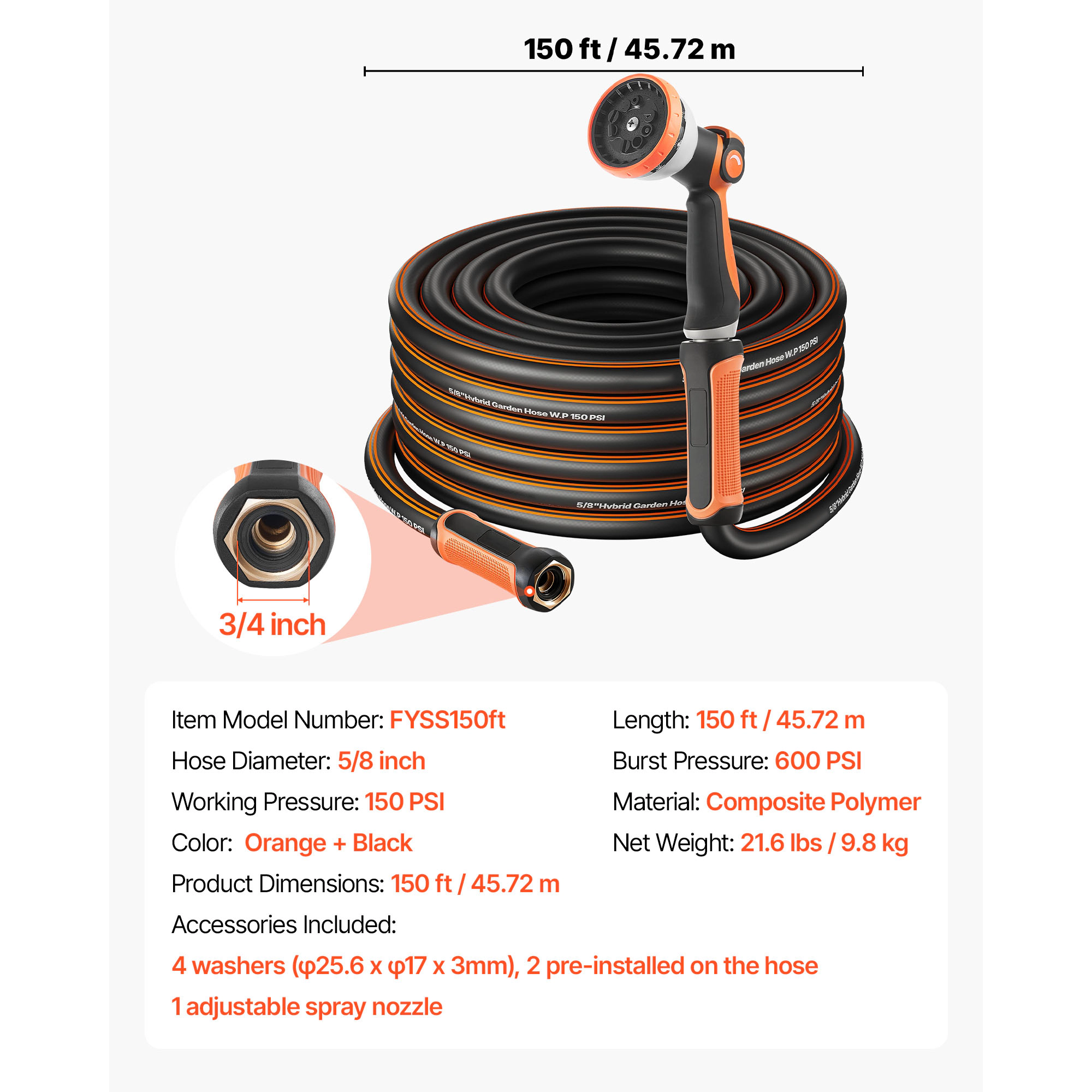 HONGGE 150ft Garden Hose with 10-Pattern Spray Nozzle, 5/8" Heavy Duty 4-Layer Rubber, 150/600 PSI