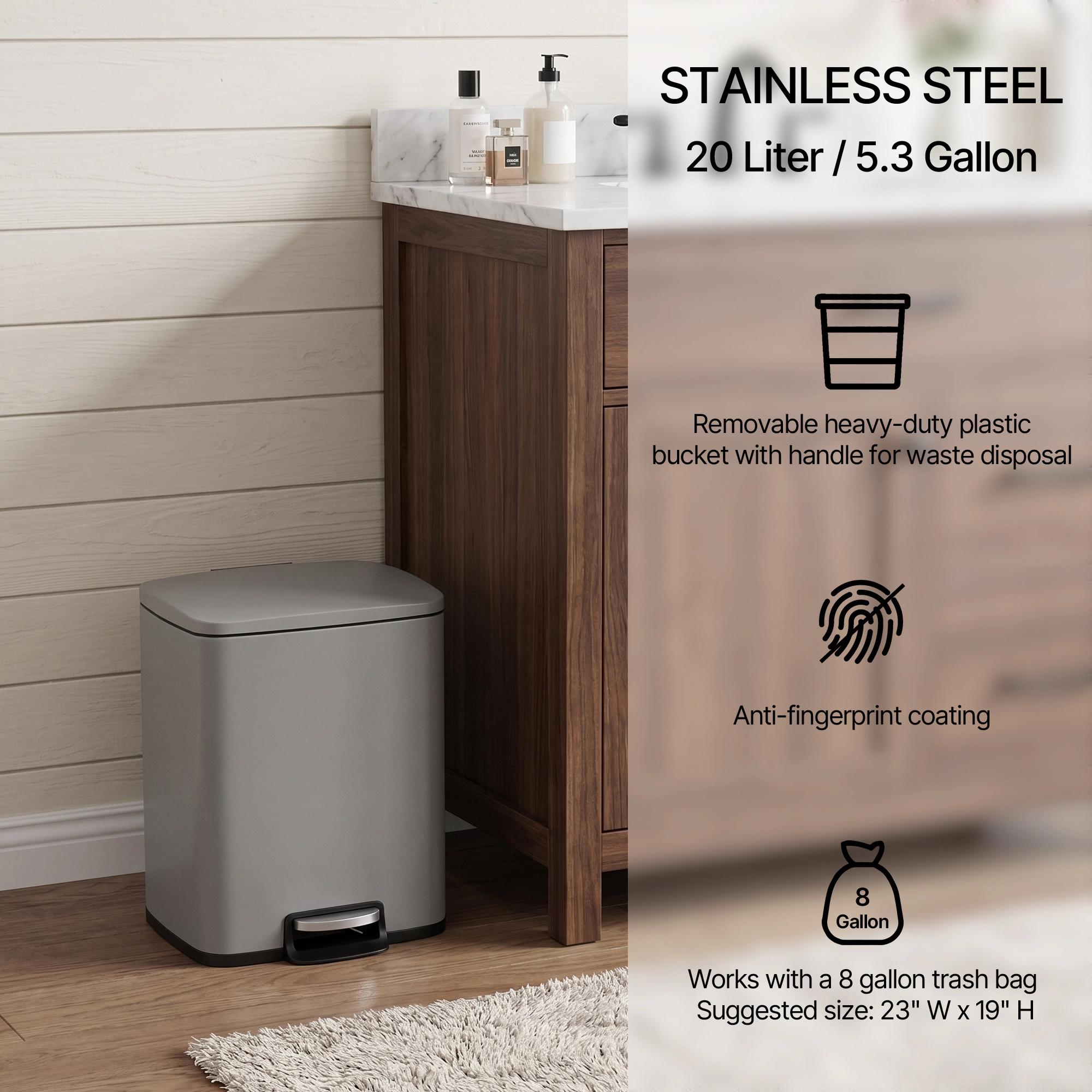 Innovaze 5.3 Gal./20 Liter Rectangular Stainless-Steel-Made Matt Step-on Trash Can for Kitchen