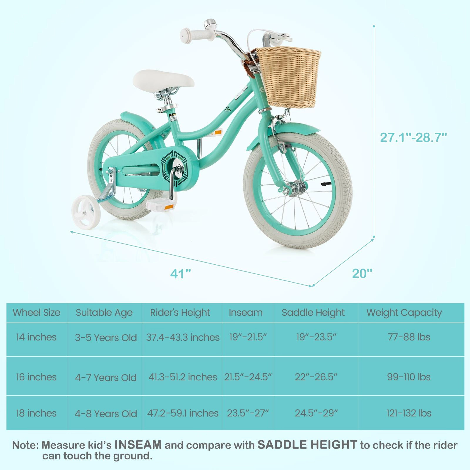 SUGIFT Green Training Wheels Front Basket and Adjustable Handlebar Seat Kids 14 Inch Bike