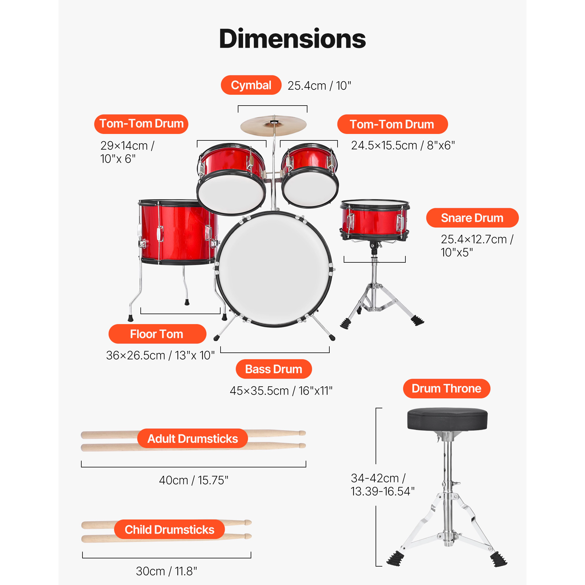 HONGGE Kids Drum Set Junior Drum Sets Beginner Drums Set with Adjustable Throne Cymbal & Two Pairs of Drumsticks