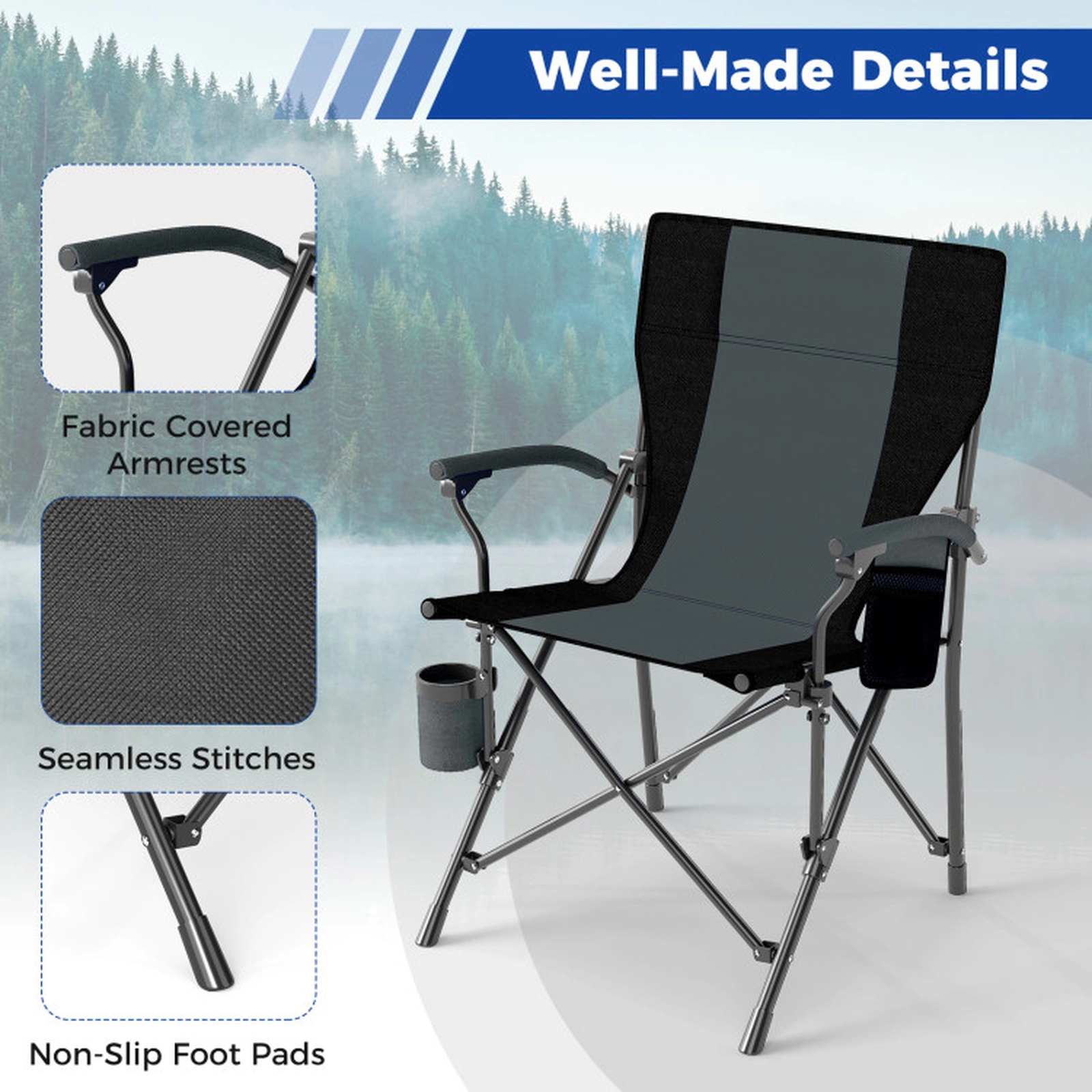 SUGIFT Gray Oxford Cloth Folding Camping Chair with Cup Holder and Carry Bag 23.5-in W 25-in D 350-lb Seat Capacity
