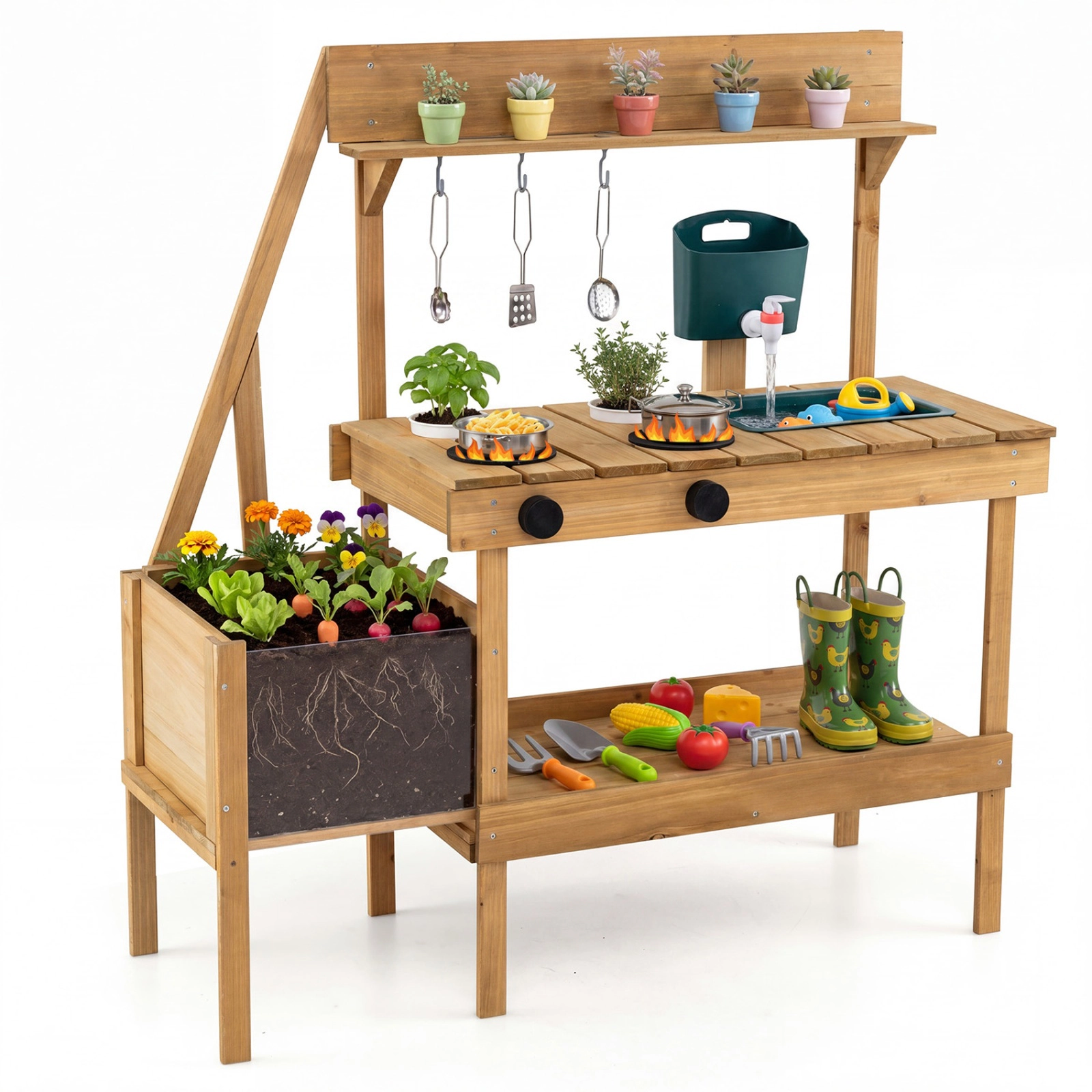 SUGIFT Kids Mud Kitchen Wooden Play Kitchen with Planter Box, Water Sink and Storage 32-in Wide Ages 3+ Natural