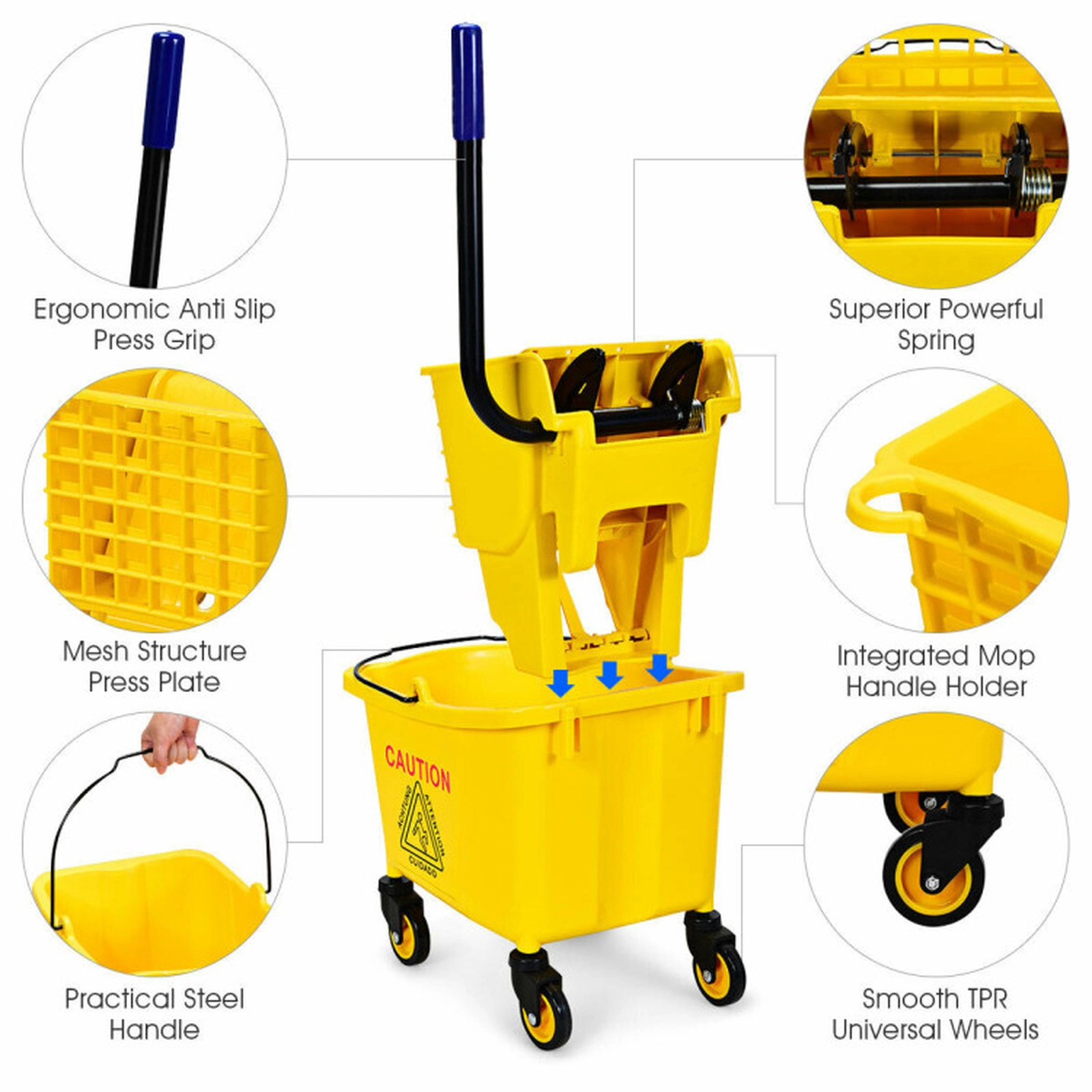 SUGIFT Yellow 26-Quart Commercial Mop Bucket with Side Press Wringer and 3-in Swivel Casters 19.5-in W 33-in H