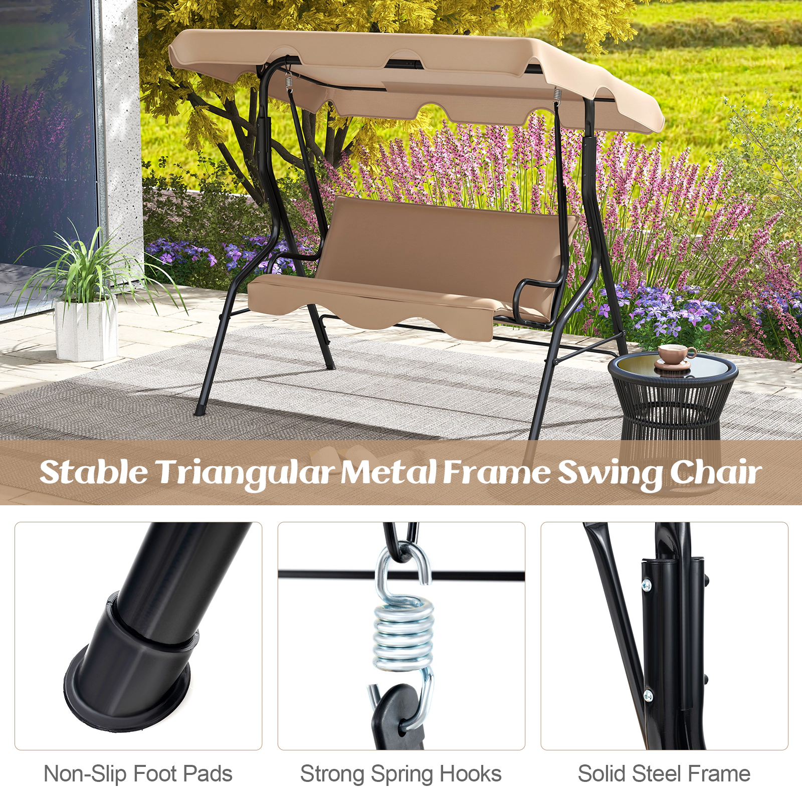 SUGIFT Beige 3-Seat Outdoor Porch Swing with Canopy, Cushions, 51-Inch Bench, 440-Lb Capacity