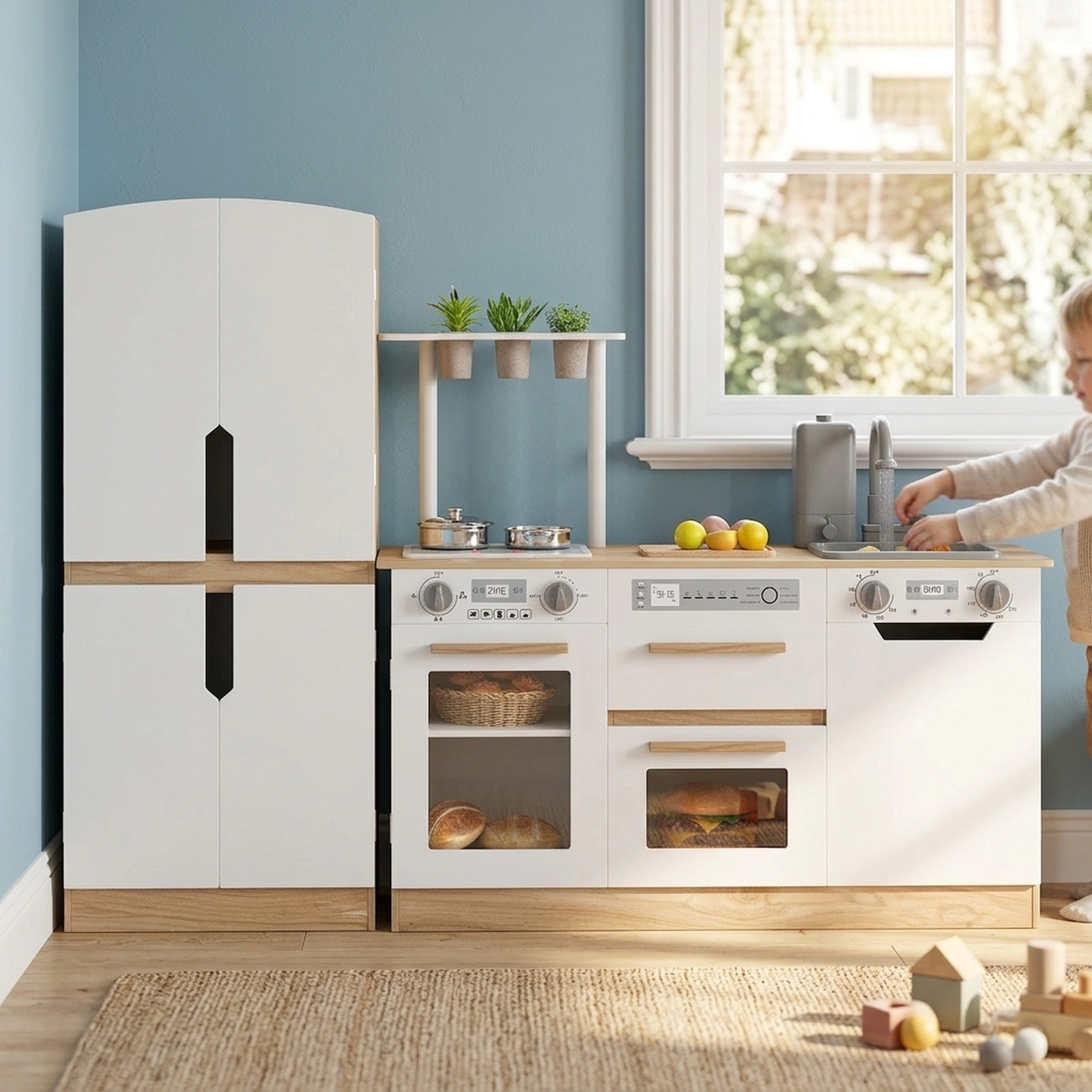 Wooden Play Kitchen for Toddlers Disinfection Cabinet 3 Planting Pots Fridge Tower 35.5-in Kitchen Set Ages 3+ Natural