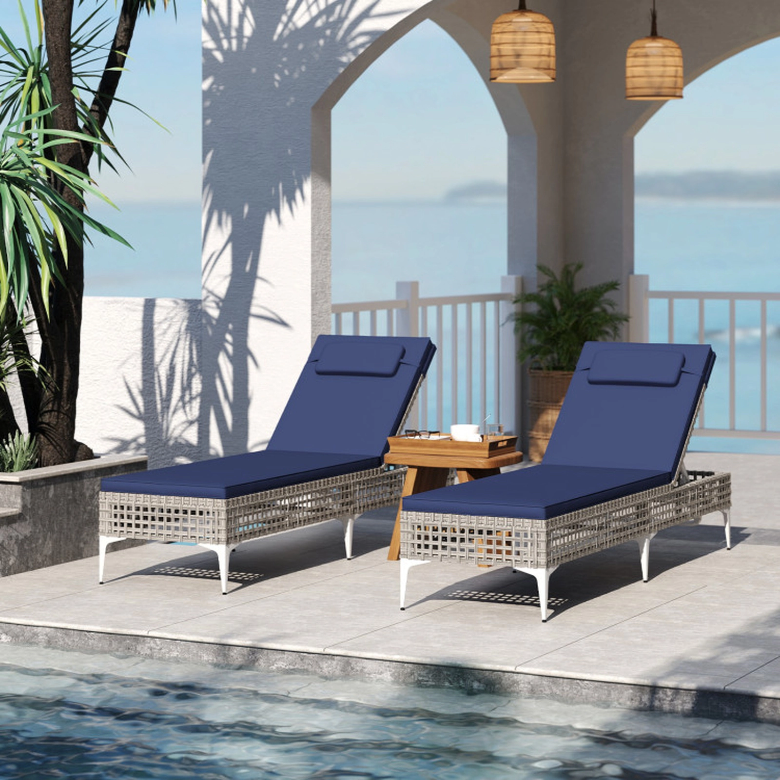 SUGIFT 2-Piece Patio Chaise Lounge Chair Set with 6-Level Adjustable Backrest and Headrest 400-Lb Capacity Navy