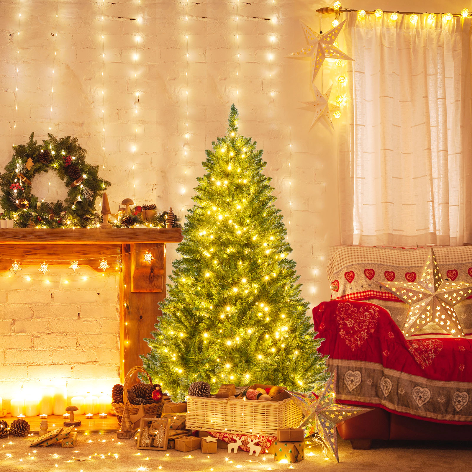 Costway 5/6/7 FT Artificial Christmas Tree with 510/814/990 Branch Tips, 400/700/1000 Warm LED Lights