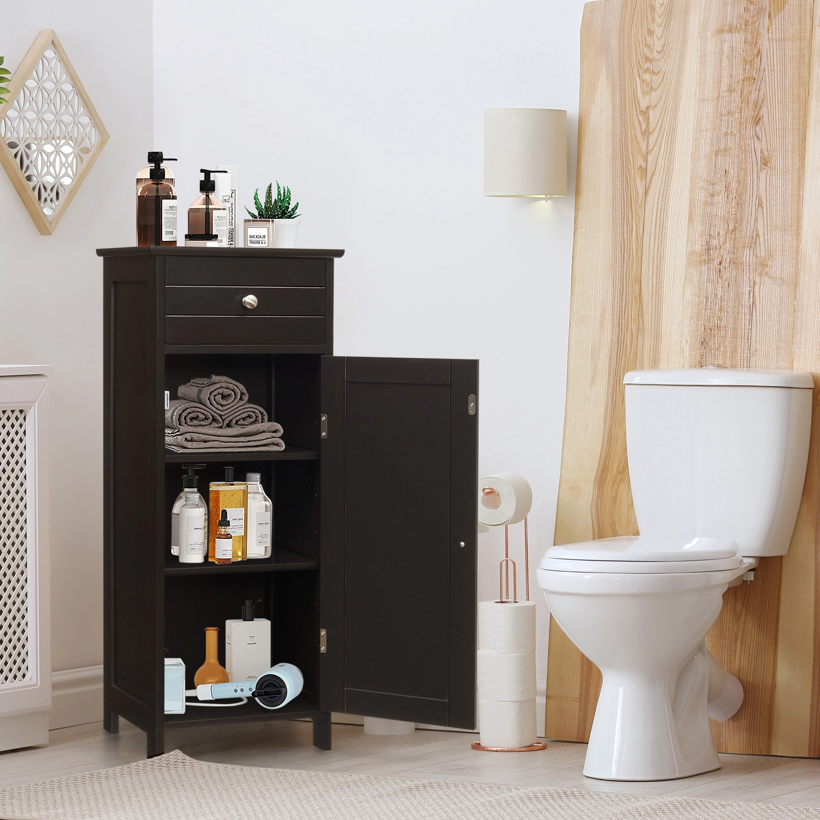 SUGIFT Wooden Storage Free-Standing Floor Cabinet with Drawer and Adjustable Shelves 132-lb Capacity Brown