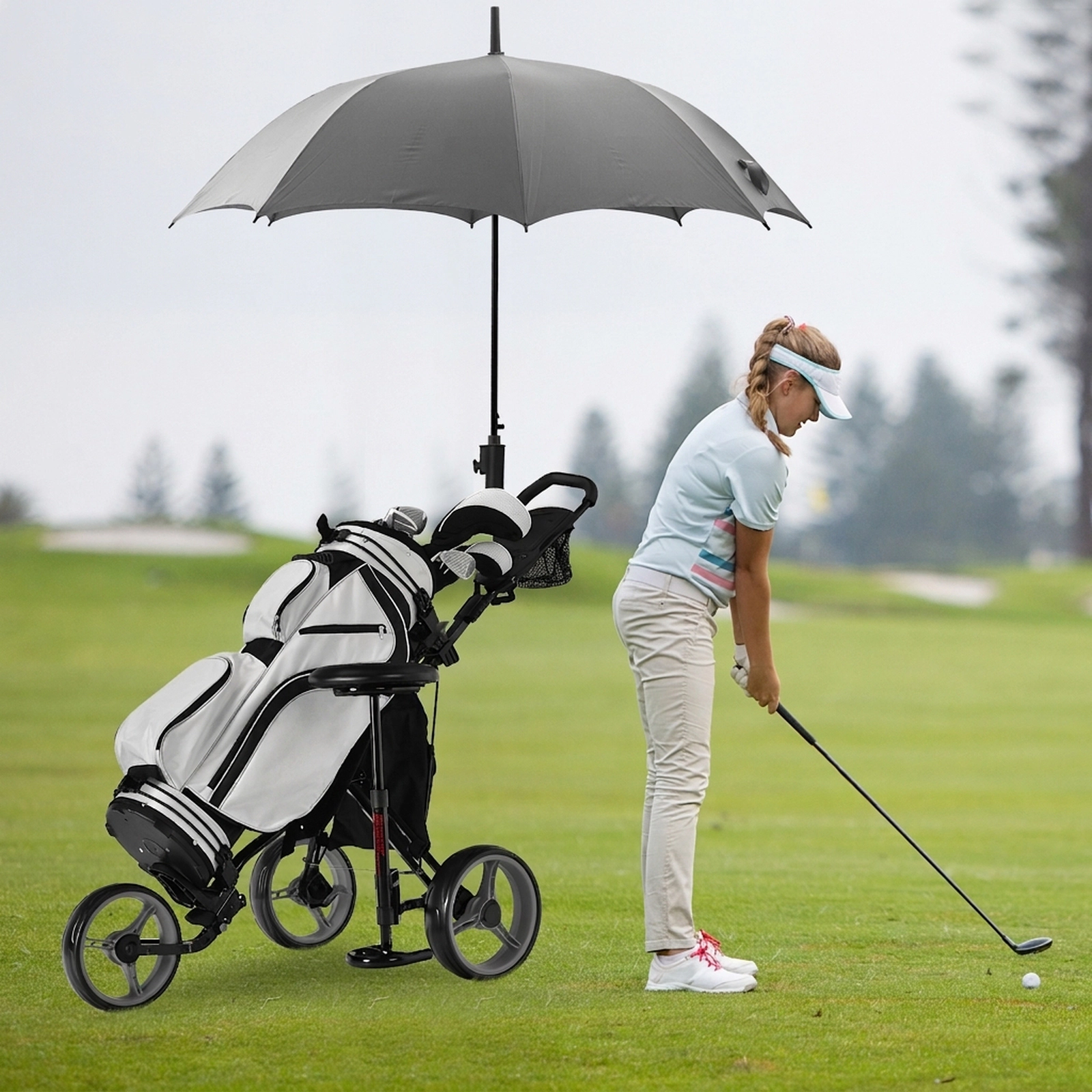 3-Wheel Folding Golf Push Cart with Seat Scoreboard Adjustable Handle Quick Brake Umbrella Holder 30-lb Gray