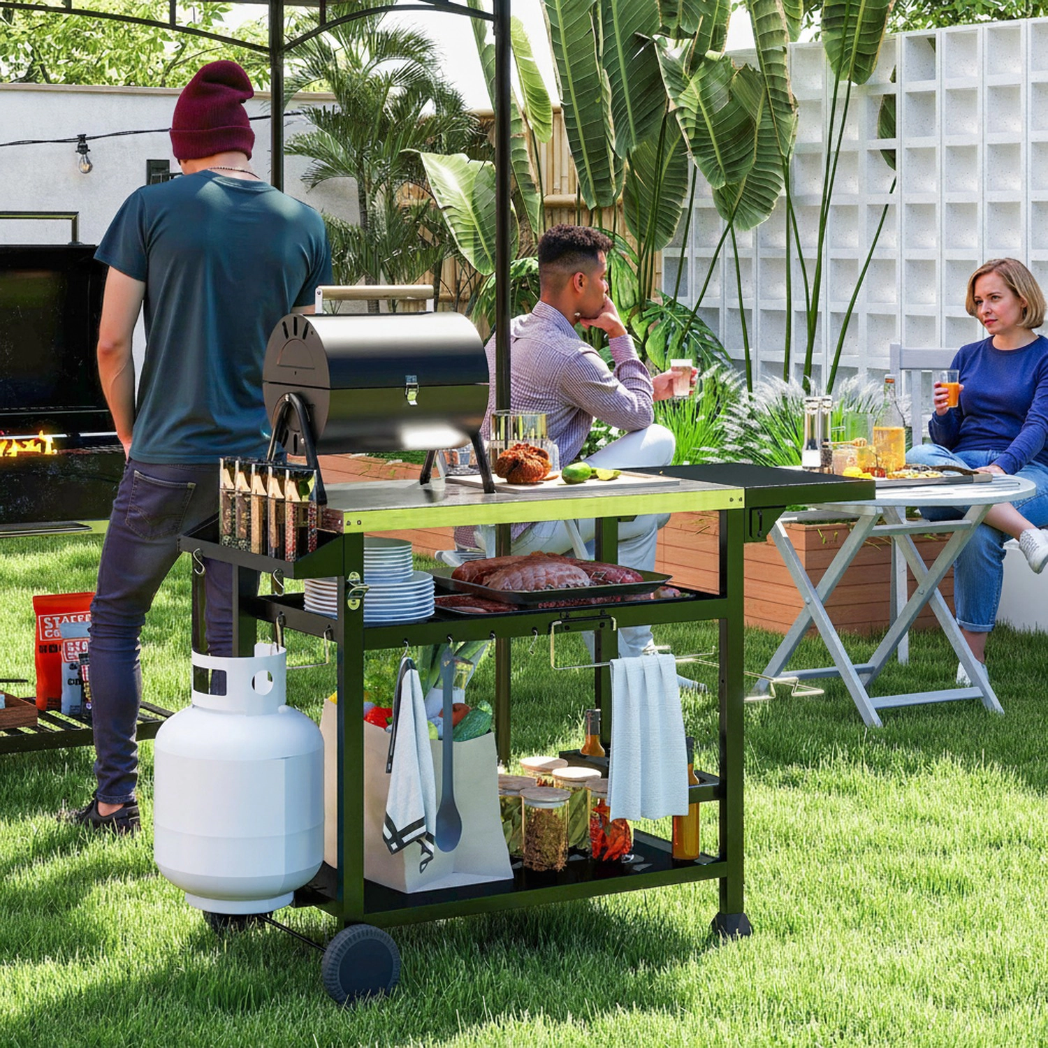 HONGGE Outdoor Grill Cart Table with Foldable Side Table, Stainless Steel Pizza Oven, Wheels