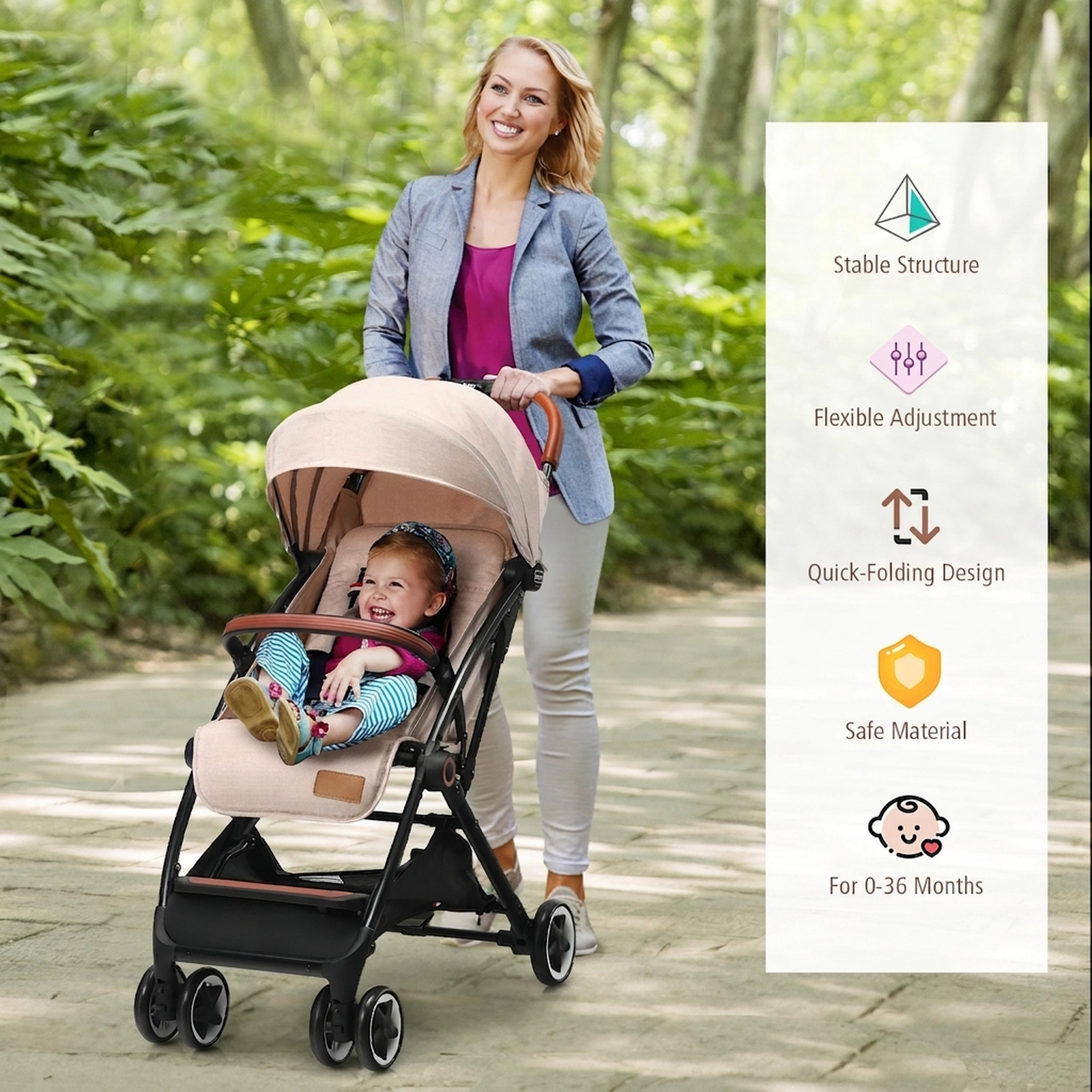 SUGIFT Baby Beige Lightweight Aluminum Stroller with Pull Rod 28.5-in W 20.5-in D 38-in H 33-lb Seat Capacity