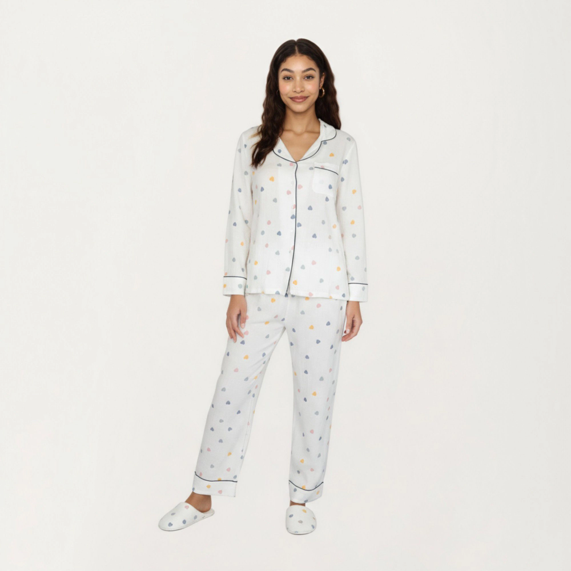 Anna-Kaci Women's 2-Piece Valentine Set Long Sleeve Button Front Top and Relaxed Fit Pants Pajama Set with Heart Print