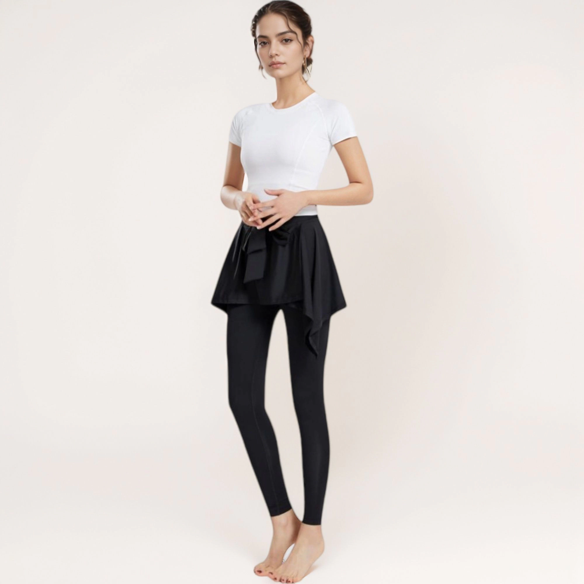 Anna-Kaci Active Women's Full-Length Leggings with Attached Tie-Front Skirt Overlay for and Casual Looks