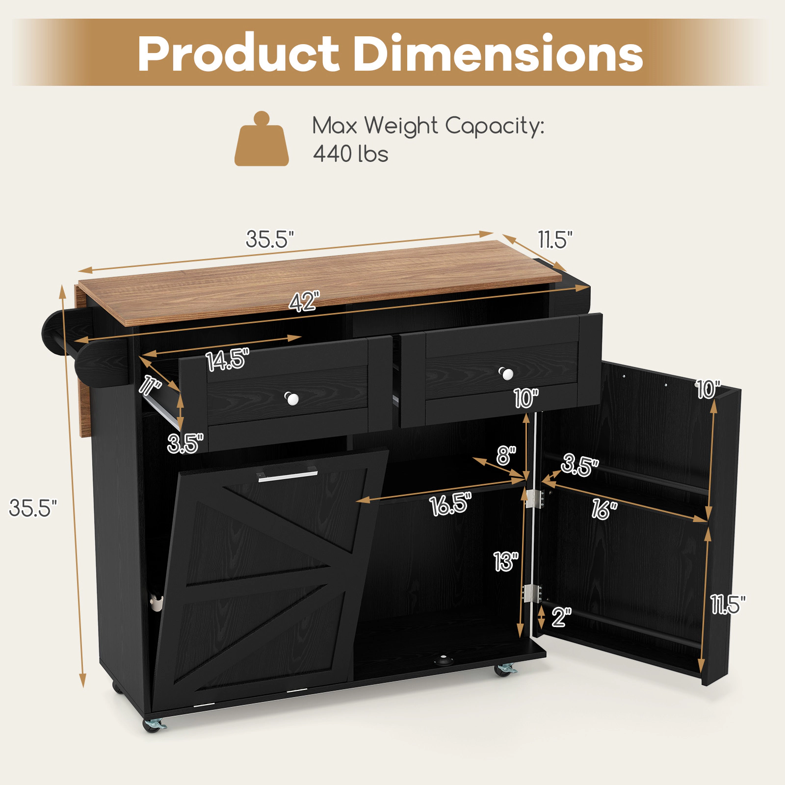 SUGIFT Rolling Kitchen Island with Drop Leaf Top Trash Can Cabinet and Rubber Universal Wheels 440-lb Capacity Black