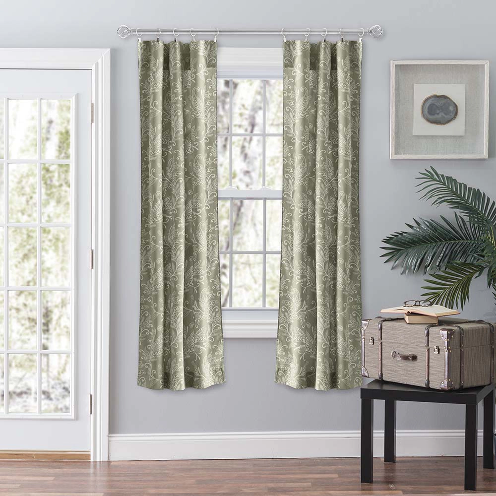 Ellis Curtain Lexington Leaf Pattern on Colored Ground Curtain Pair with Ties 56"x63" Sage