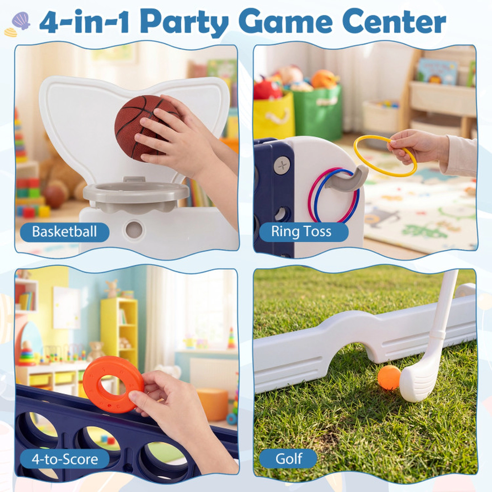 SUGIFT 55-in 4-in-1 Giant 4-to-Score HDPE Game Set with Ring Toss Basketball Golf and 2 Cup Holders Navy