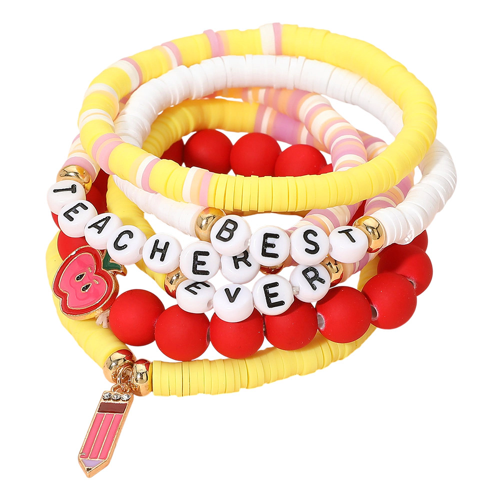 FASHNZFAB 6PCS - BEST TEACHER EVER Message Pencil Apple Charm Heishi Beaded Stretch Multi Layered Bracelets