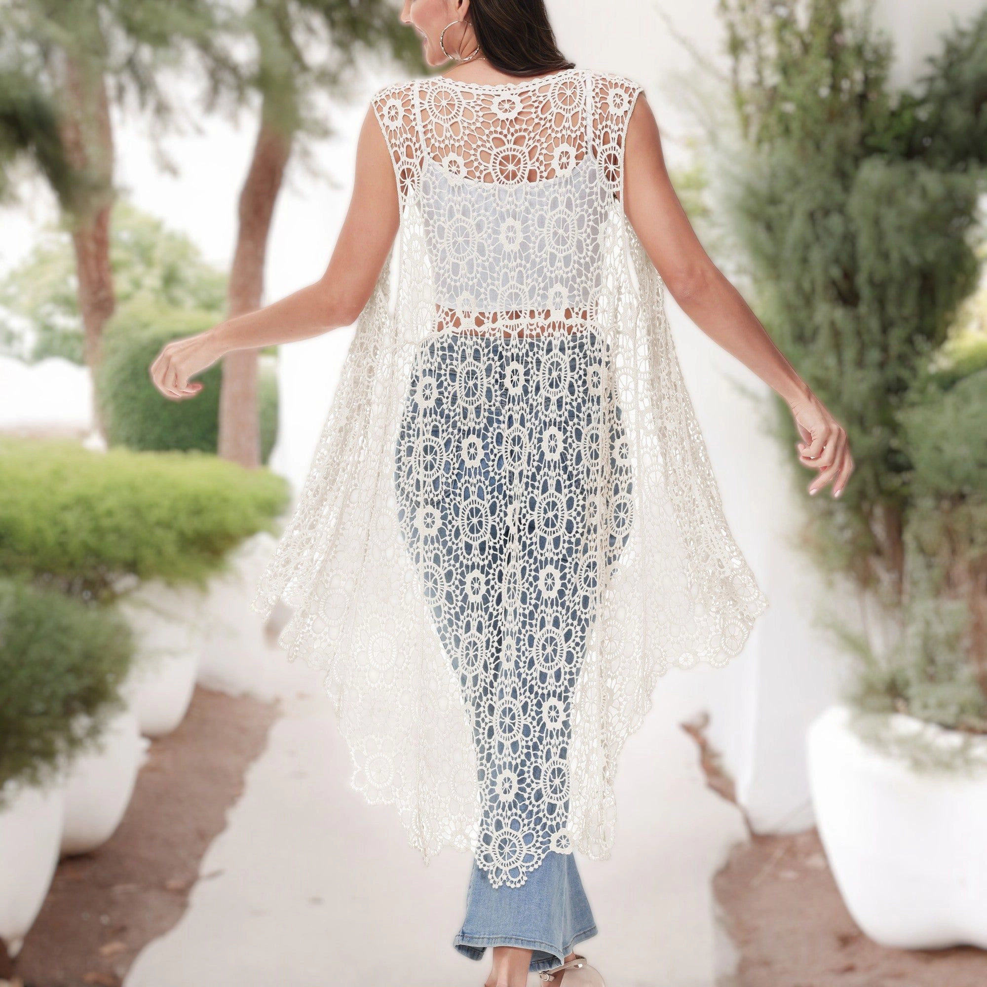 Anna-Kaci Women's Boho Crochet Long Vest Top Sleeveless Lace Cardigan Duster Swimwear Cover Ups