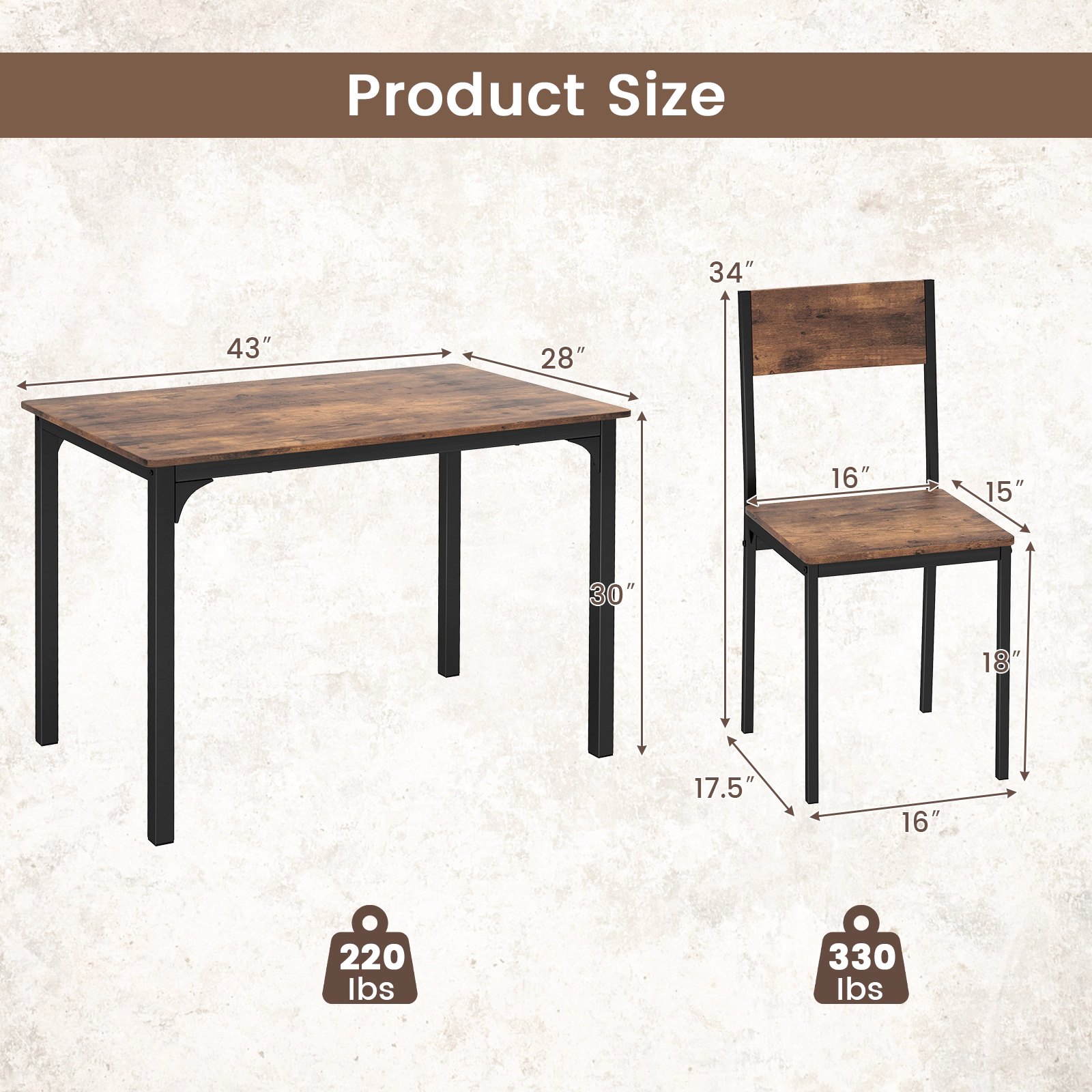 SUGIFT 5 Piece Industrial Dining Set with 43 x 27.5 in Dining Surface 110-lb Table Capacity Rustic Brown