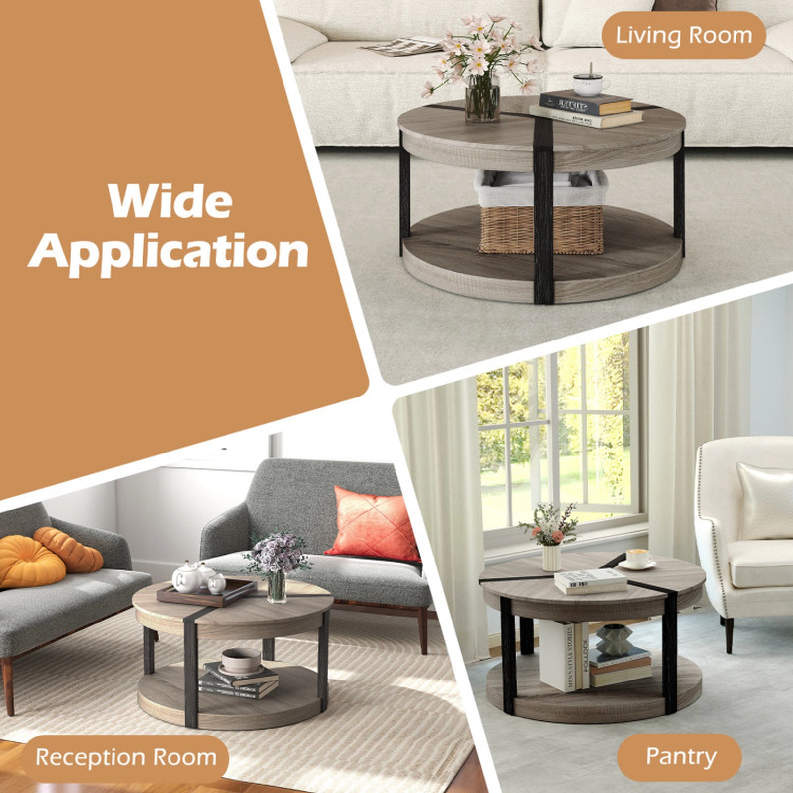 SUGIFT 34.5-in Round 220-lb Capacity Gray Mid-Century Rubber Wood 2-Tier Coffee Table with Lower Shelf
