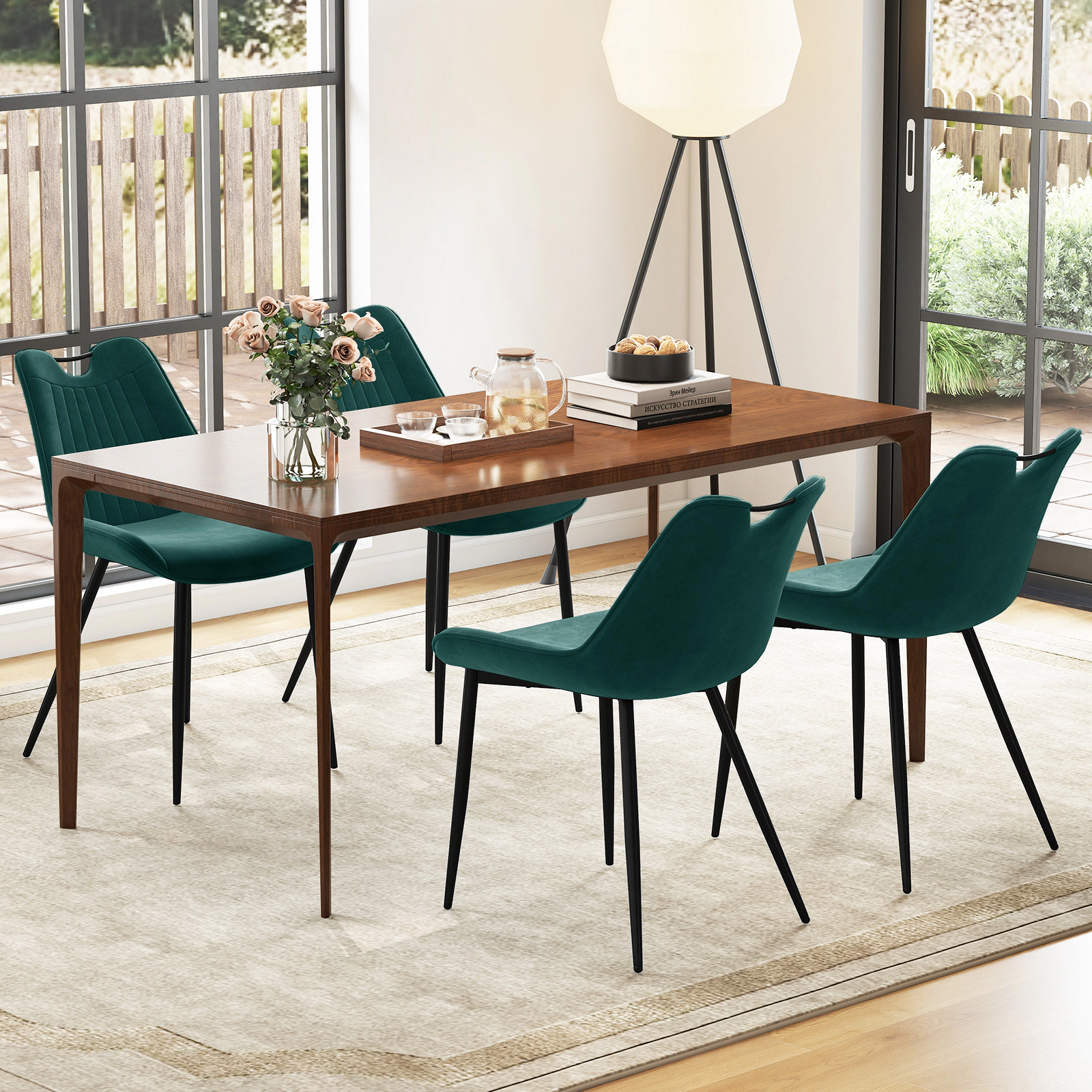 SUGIFT Set of 4 Turquoise Velvet Upholstered Dining Chairs with Black Metal Legs