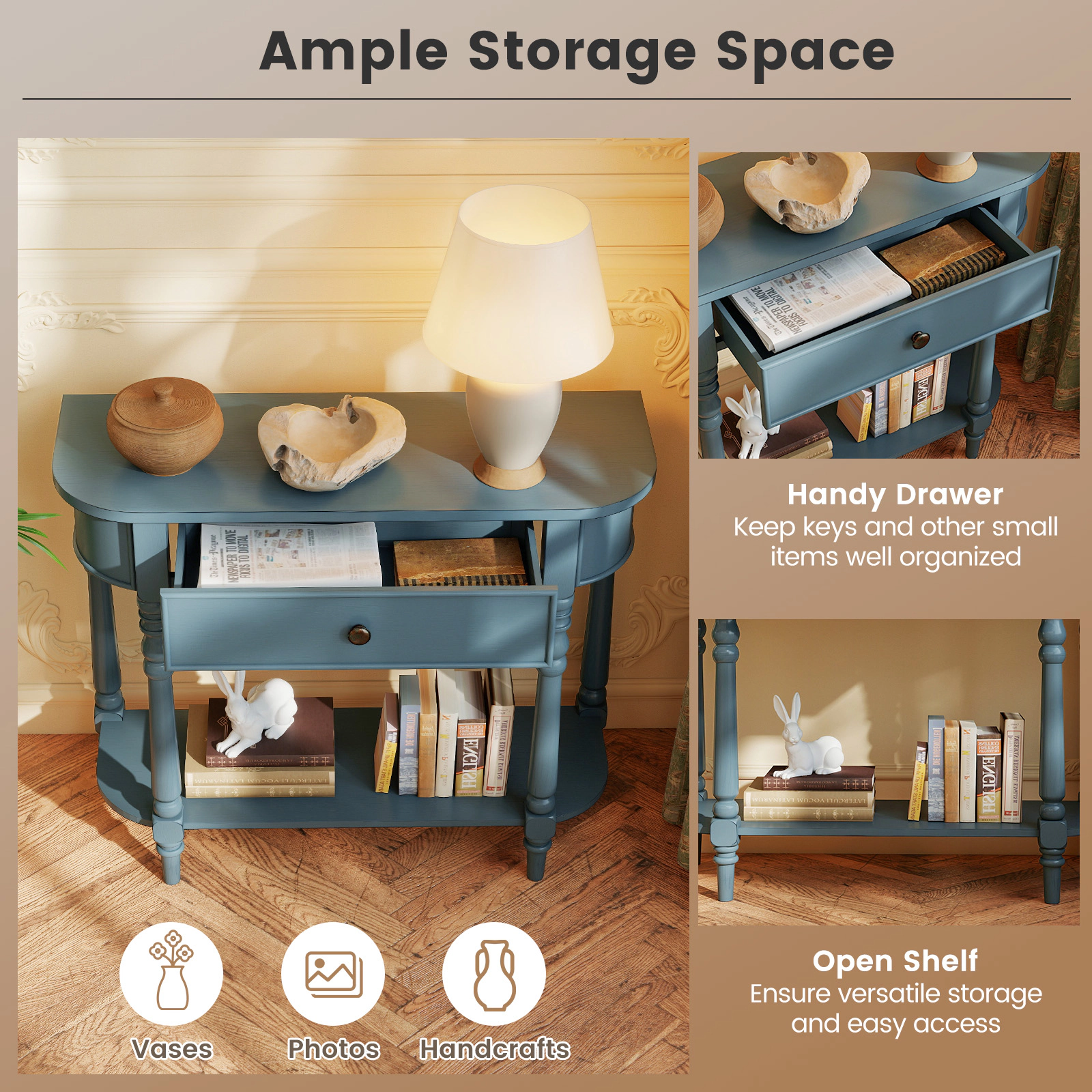 SUGIFT 2-Tier Turned Solid Wood Legs Storage Drawer Retro Console Table 36-in x 13-in x 31-in 220-lb Capacity Blue
