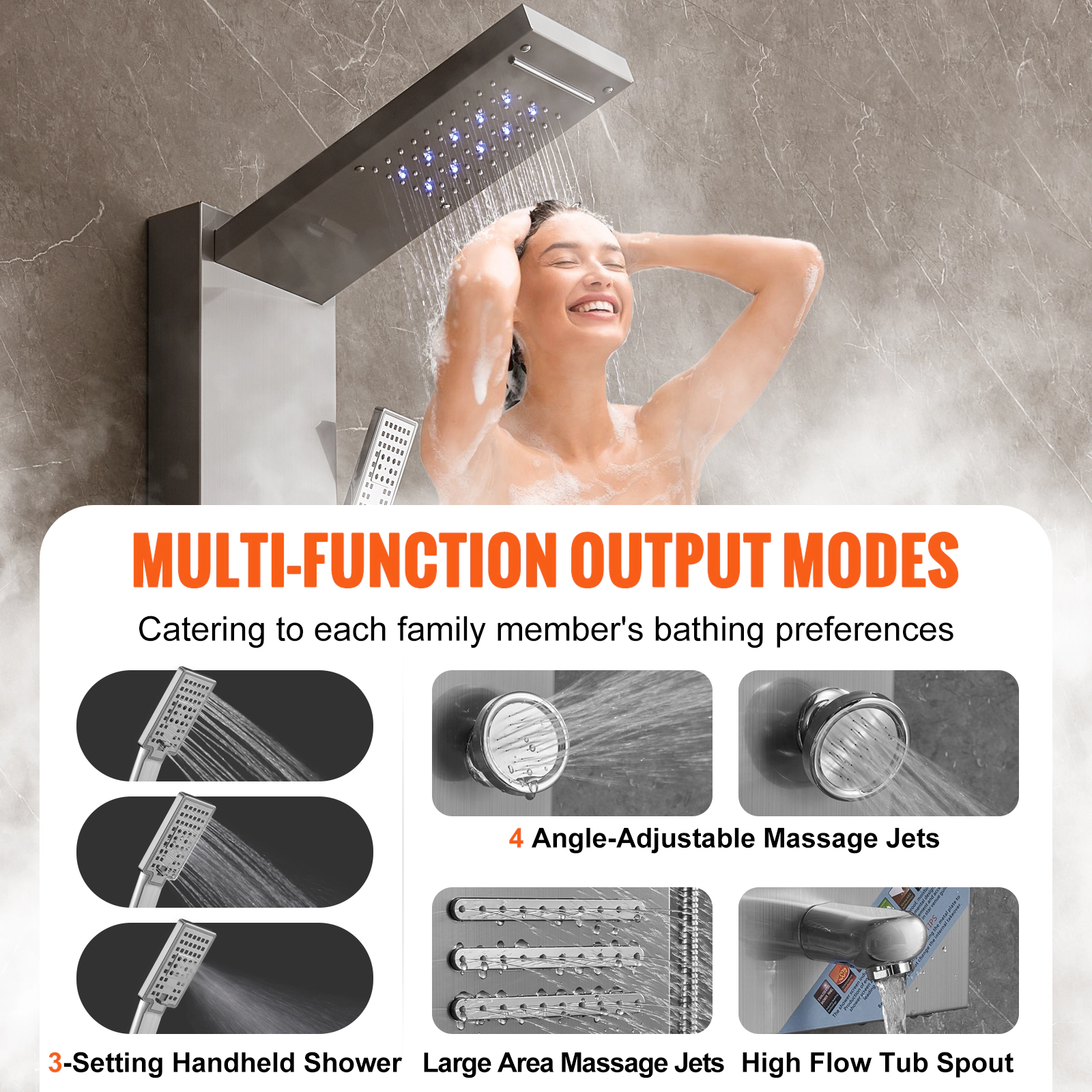 HONGGE 6-Mode LED Shower Tower Panel, Rainfall, Waterfall & 5 Massage Jets
