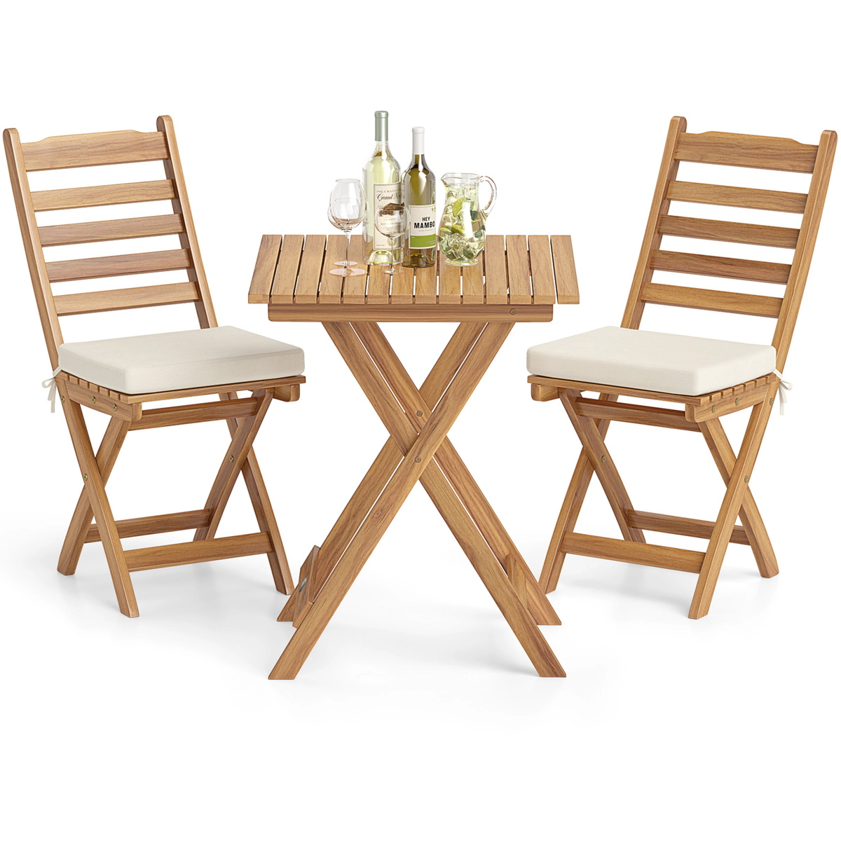 SUGIFT White Table and Seat Cushions 3-Piece Folding Acacia Wood Patio Bistro Set