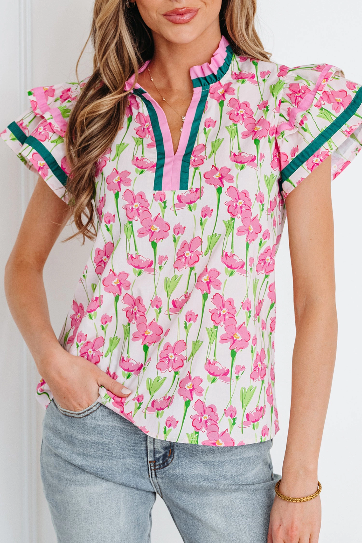 Threaded Pear Women's Elyse Ruffled Short Sleeve Blouse