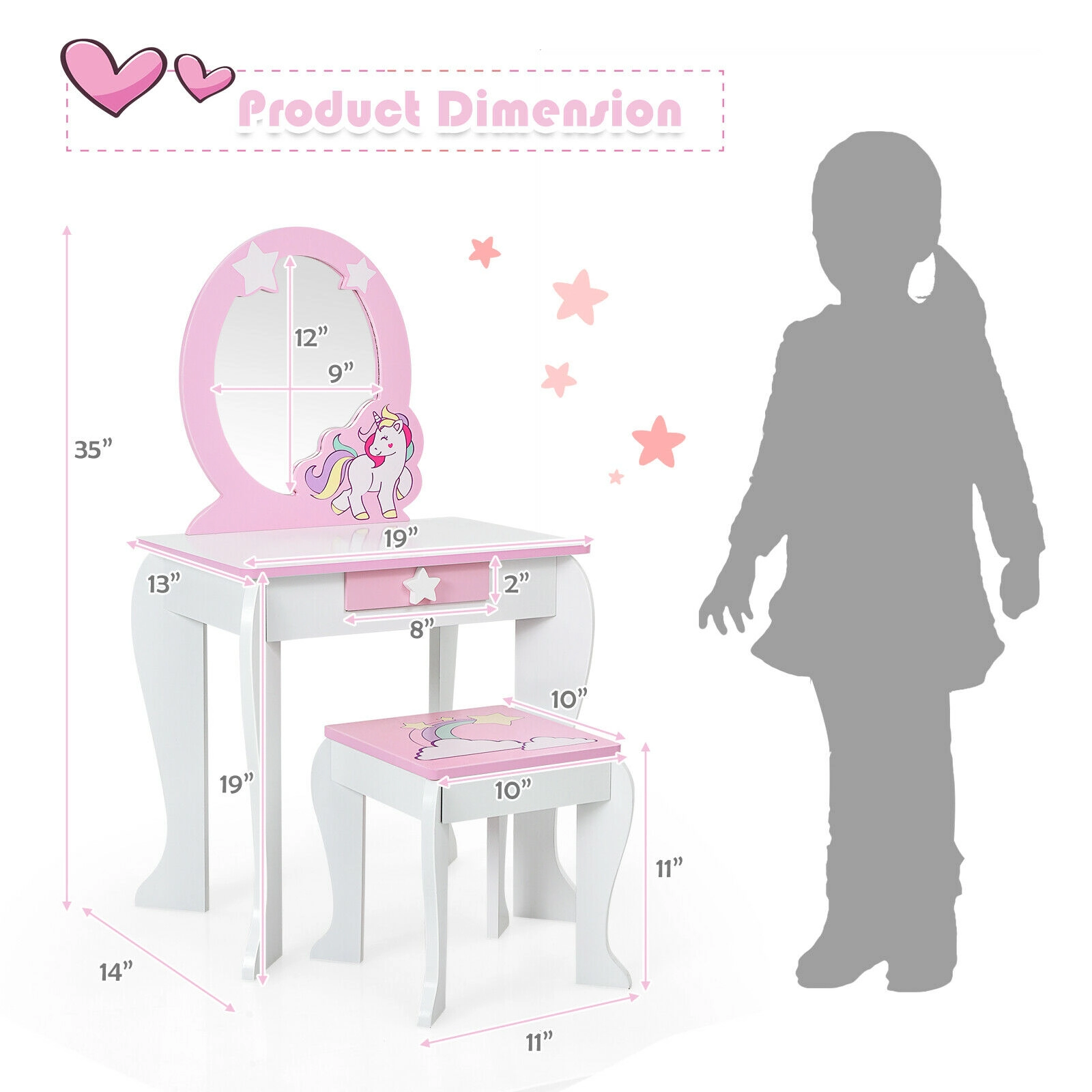 SUGIFT White and Pink Kids Vanity Table and Stool Set with Removable Mirror Top
