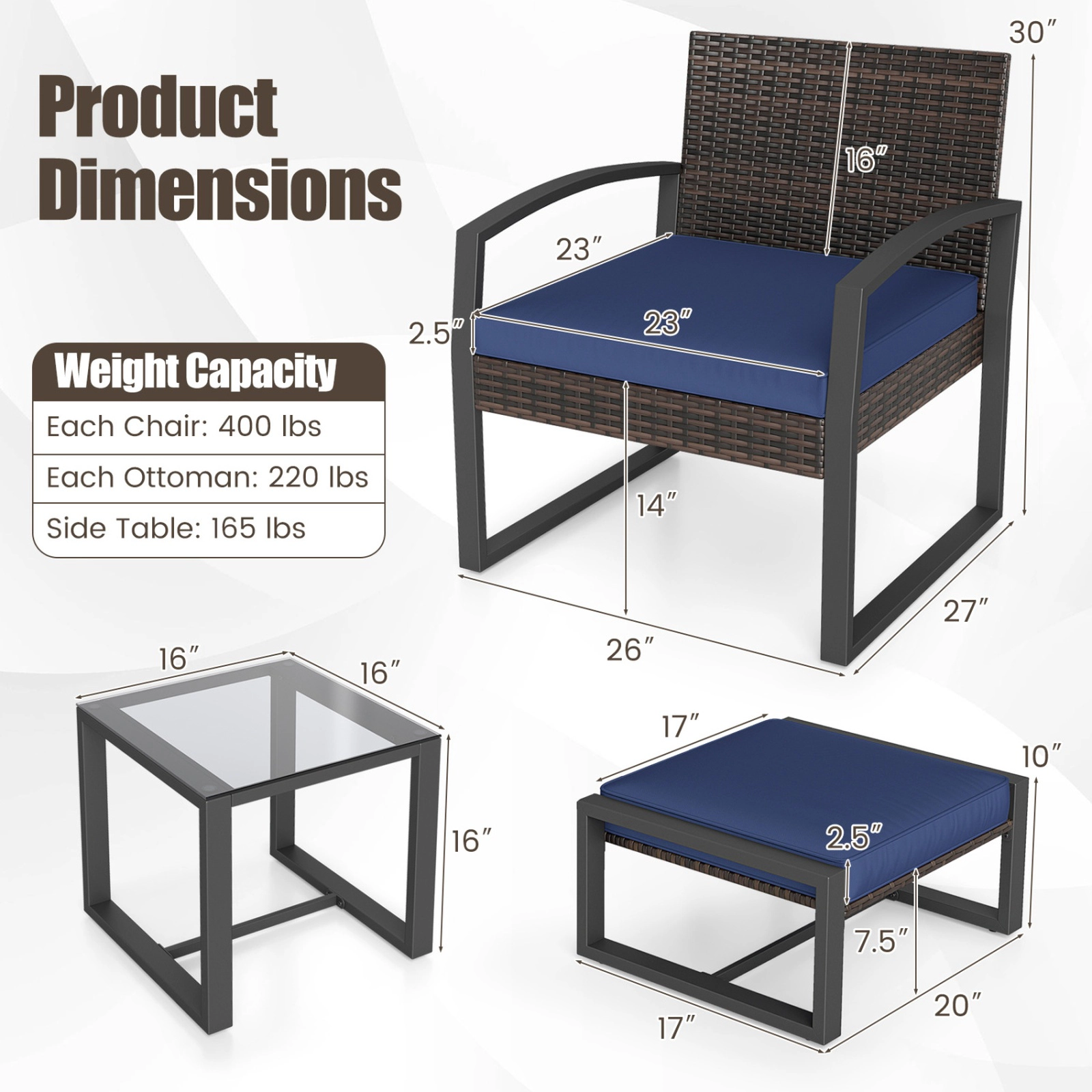 SUGIFT Patio Conversation Set with 2 Ottomans & Tempered Glass Side Table 400-lb Chairs 220-lb Ottomans 165-lb Table Mix