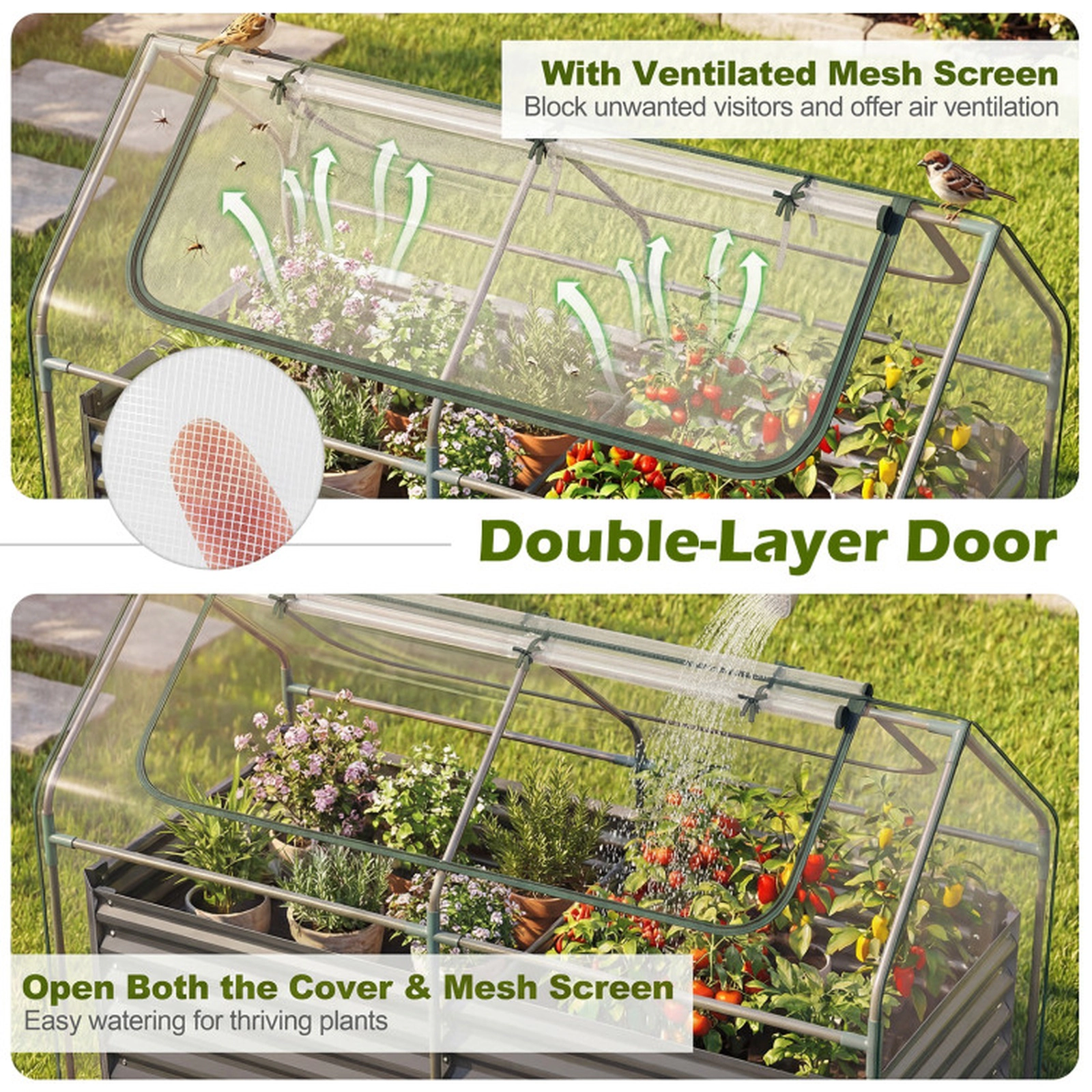 SUGIFT Galvanized Raised Garden Bed with Mini Greenhouse Cover Outdoor Planter Black + Clear/Silver + Clear