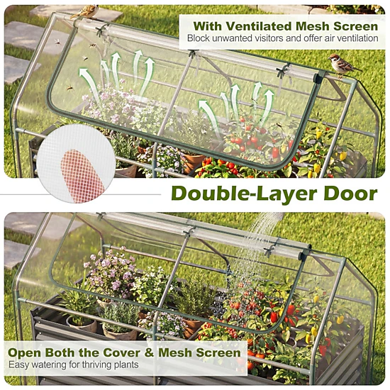 SUGIFT Galvanized Raised Garden Bed with Mini Greenhouse Cover Outdoor Planter Black + Clear/Silver + Clear