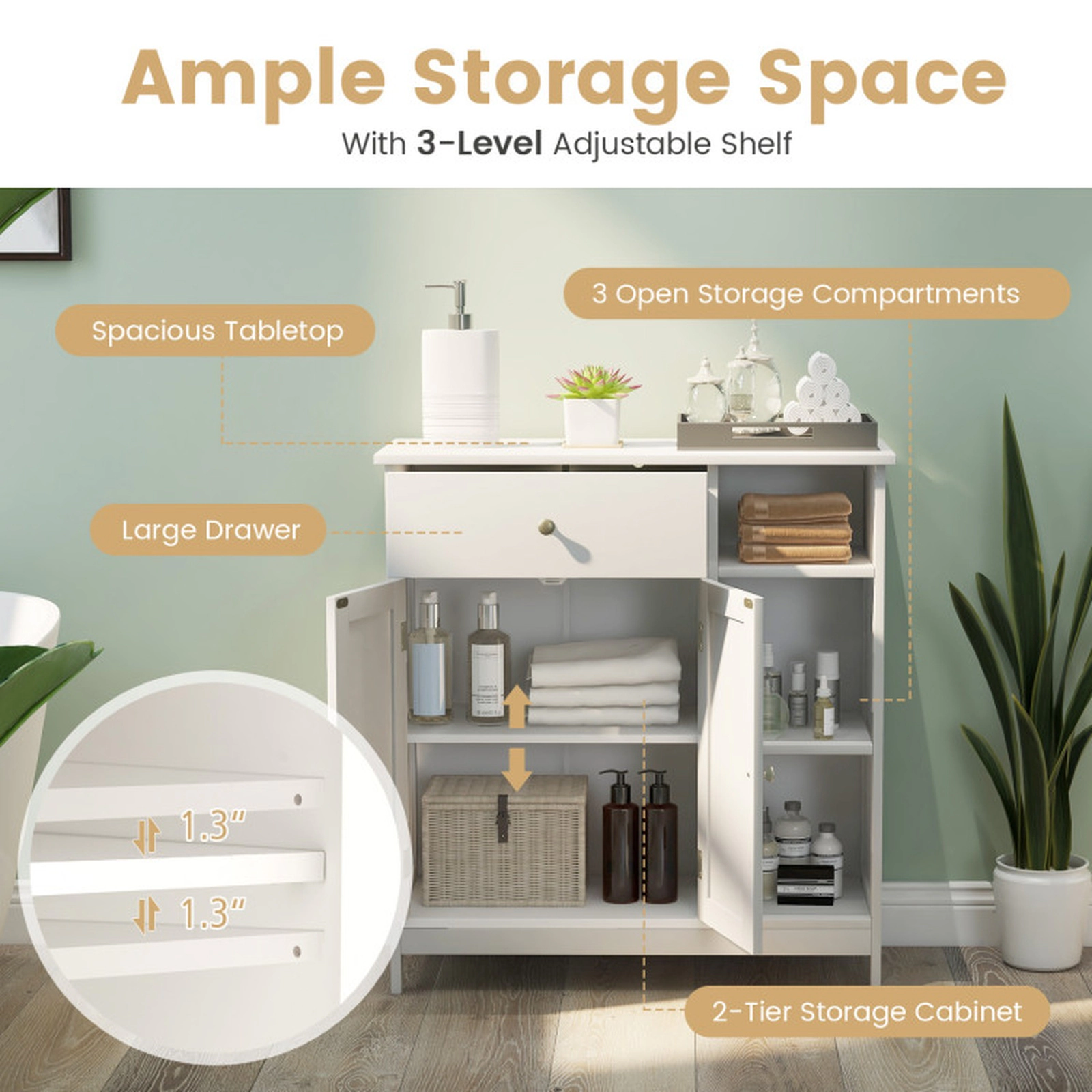 SUGIFT Drawer 3 Open Compartments 2-Tier Bathroom Floor Storage Cabinet 29.5-in x 12-in x 31.5-in 250-lb Capacity White