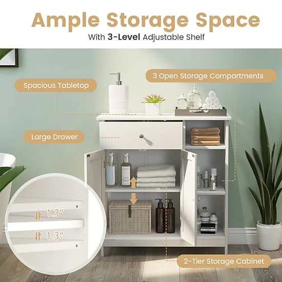 SUGIFT Drawer 3 Open Compartments 2-Tier Bathroom Floor Storage Cabinet 29.5-in x 12-in x 31.5-in 250-lb Capacity White