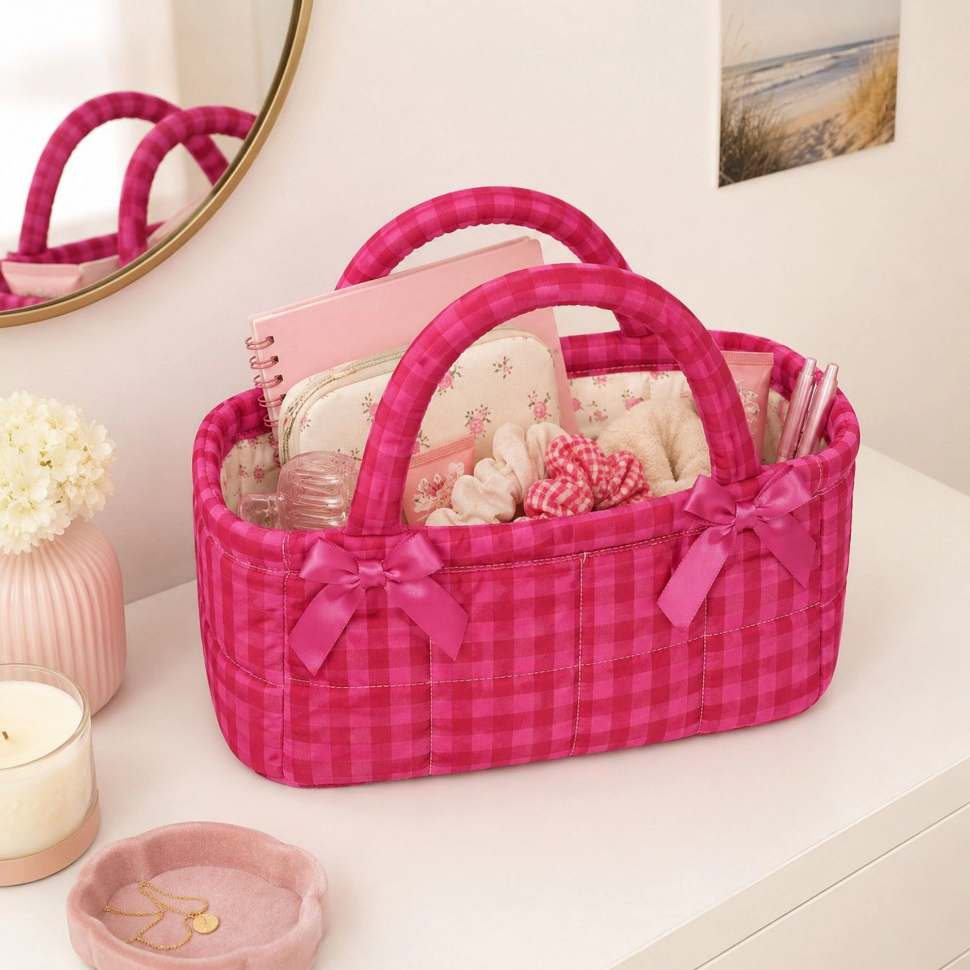 Alilang Unisex Quilted Gingham Storage Caddy with Handles Bow Accent for Makeup Vanity Dorm Bathroom Organizer