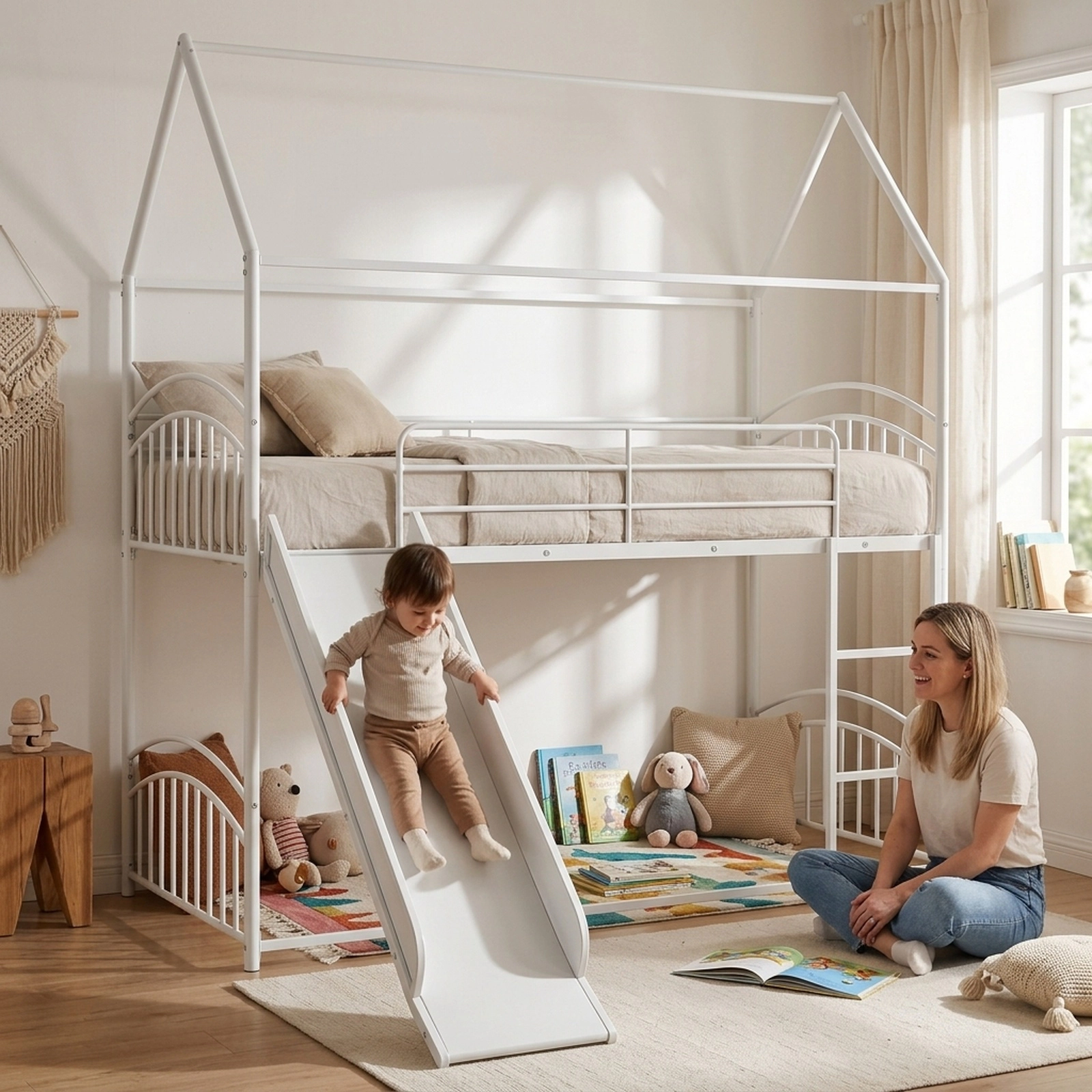 SUGIFT Twin-Over-Twin Metal House Bunk Bed with Slide and Ladder, Black and White