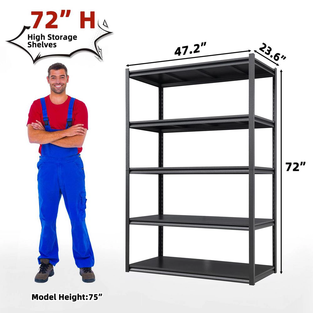 Flynama 5-Tier Heavy Duty Steel Boltless Adjustable Storage Rack in Black (47.2 in. W x 72 in. H x 23.6 in. D)