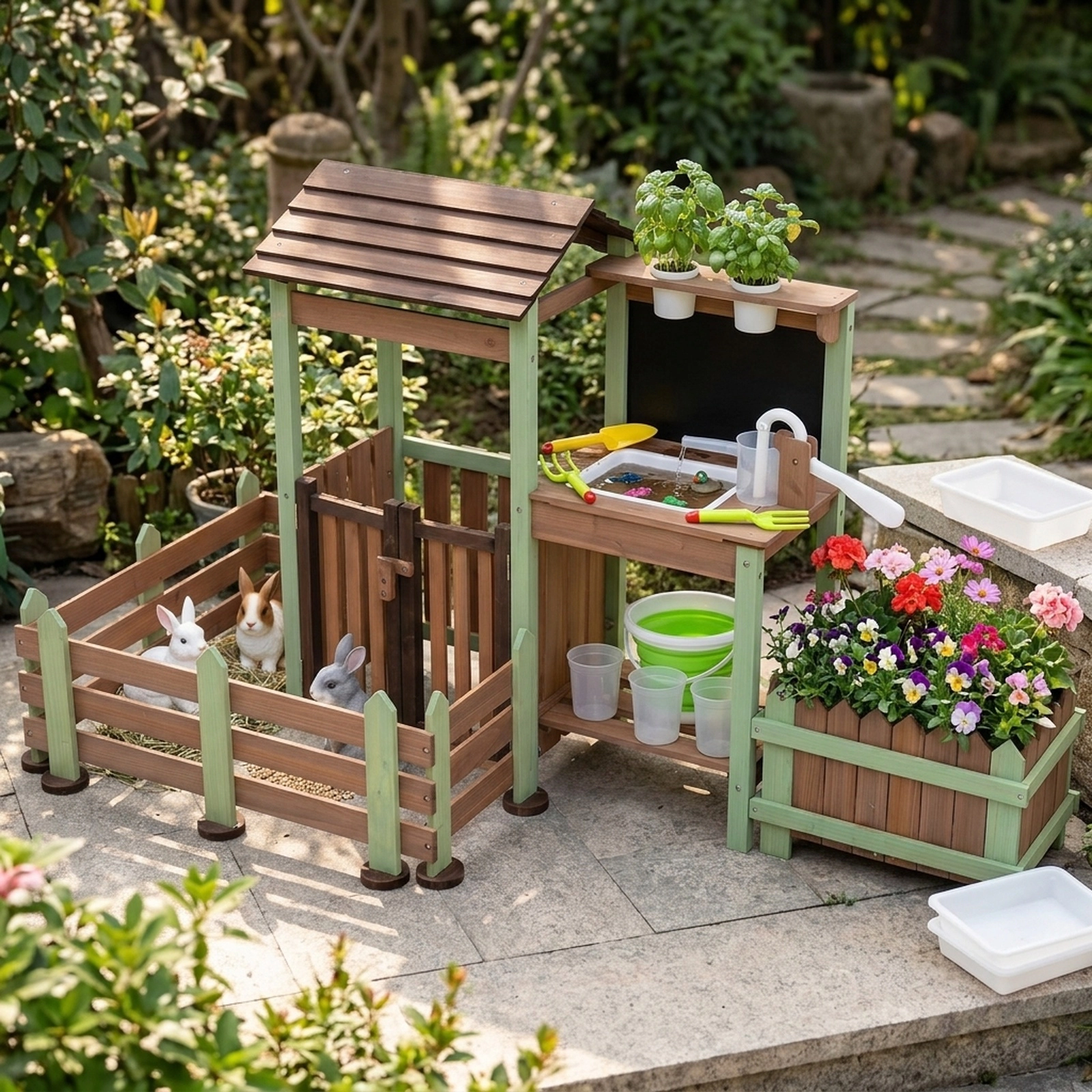 Kids Mud Farm Playset Outdoor Raised Planter Box Lockable Animal Yard Running Faucet 65-in x 27-in x 35-in Fir Wood