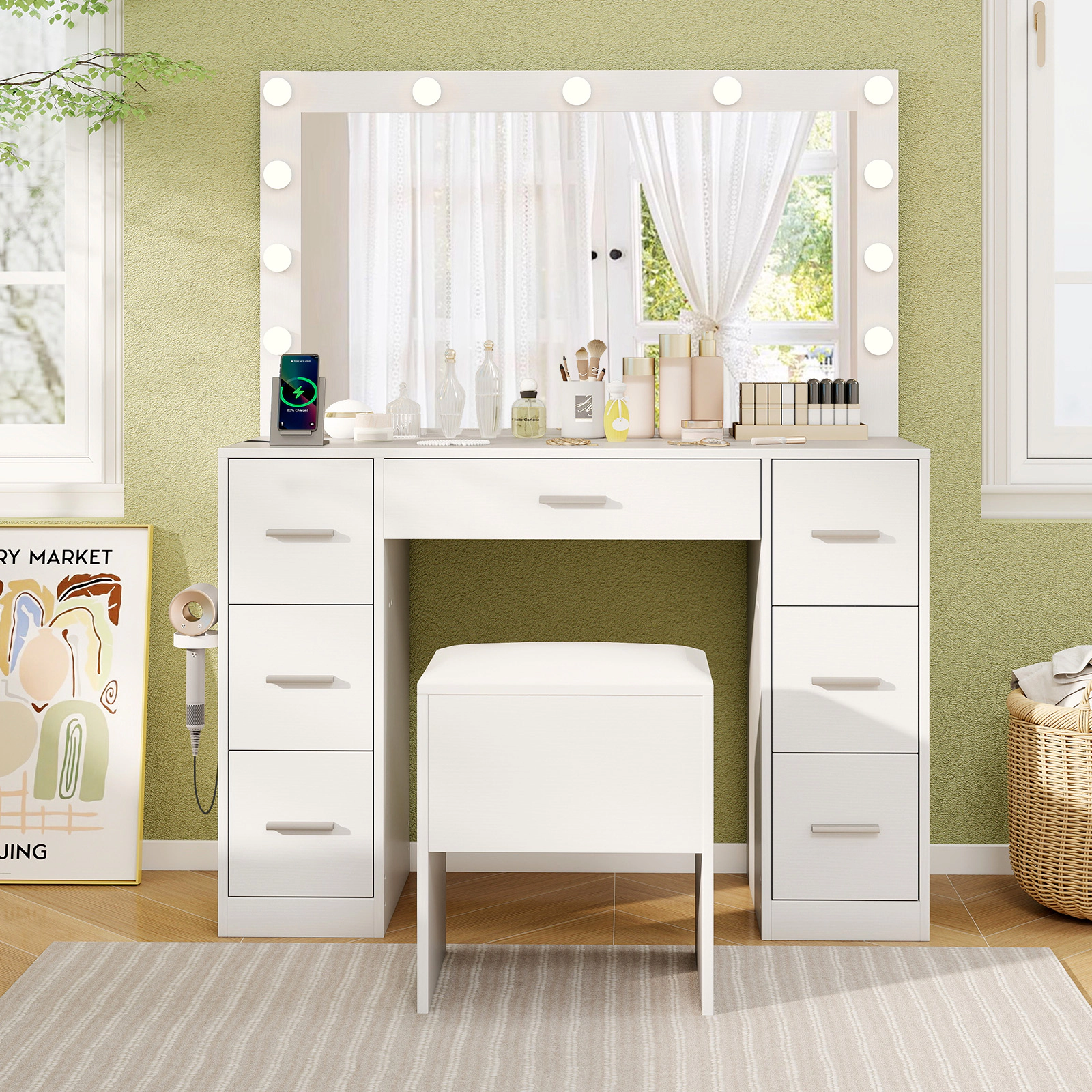 SUGIFT White Makeup Vanity Desk Set with Lighted Mirror, 7 Drawers and Storage Stool