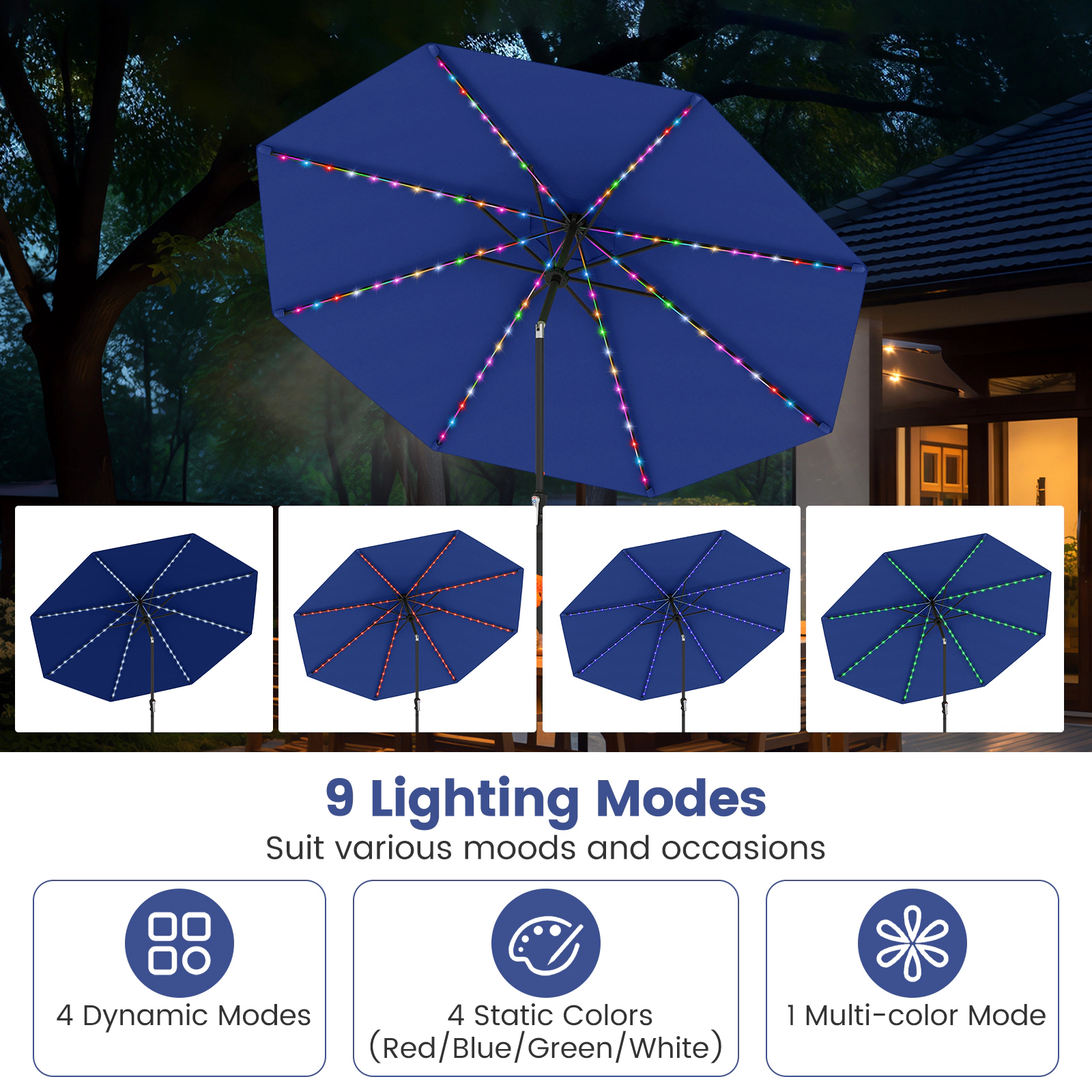 SUGIFT 10 ft Solar Patio Umbrella with 96 Color-Changing LED Lights and Tilt