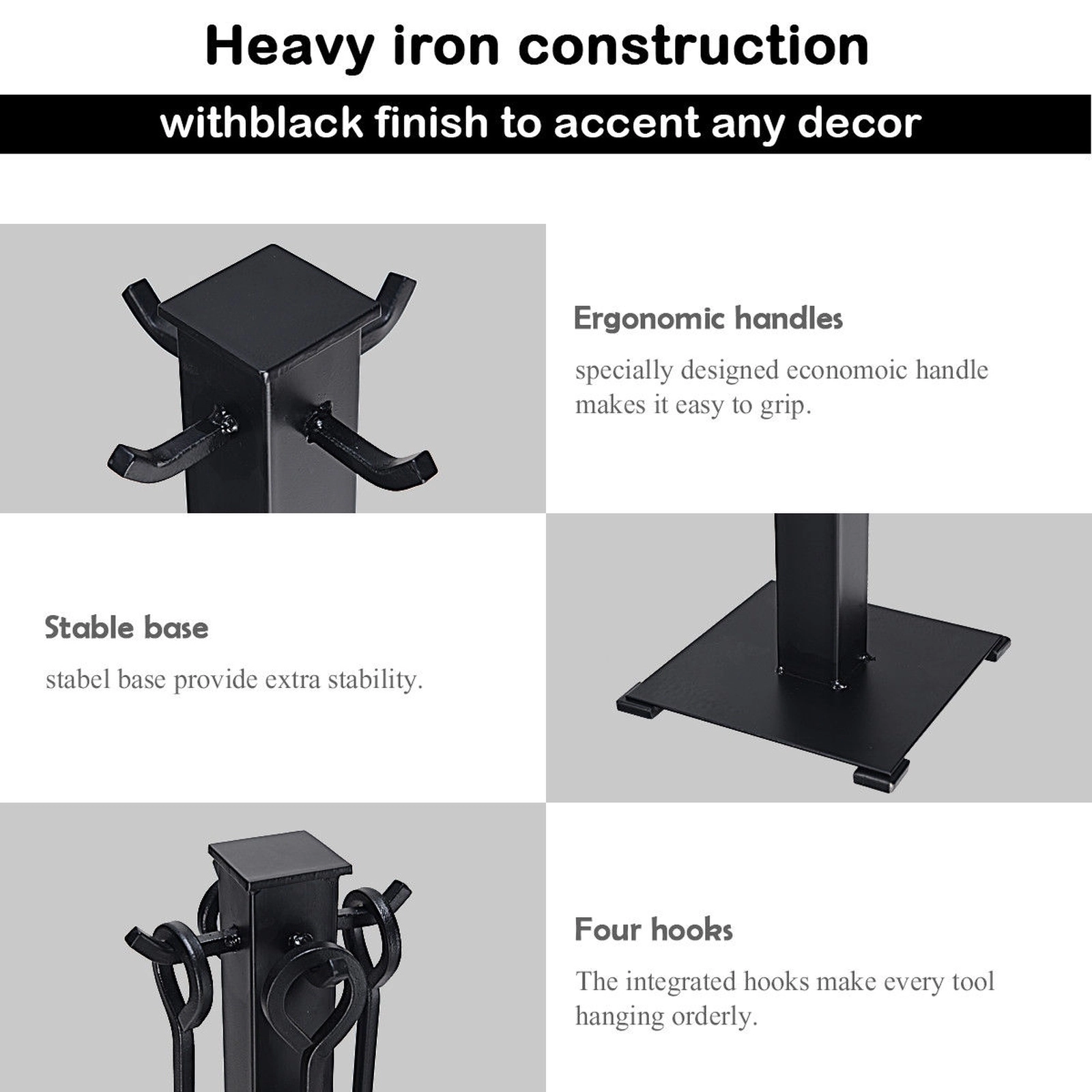 SUGIFT 5-Piece Side Hooks Rust-Resistant Steel Fireplace Tool Set 8.5-in x 8.5-in x 32-in Stand 14.5-lb Black
