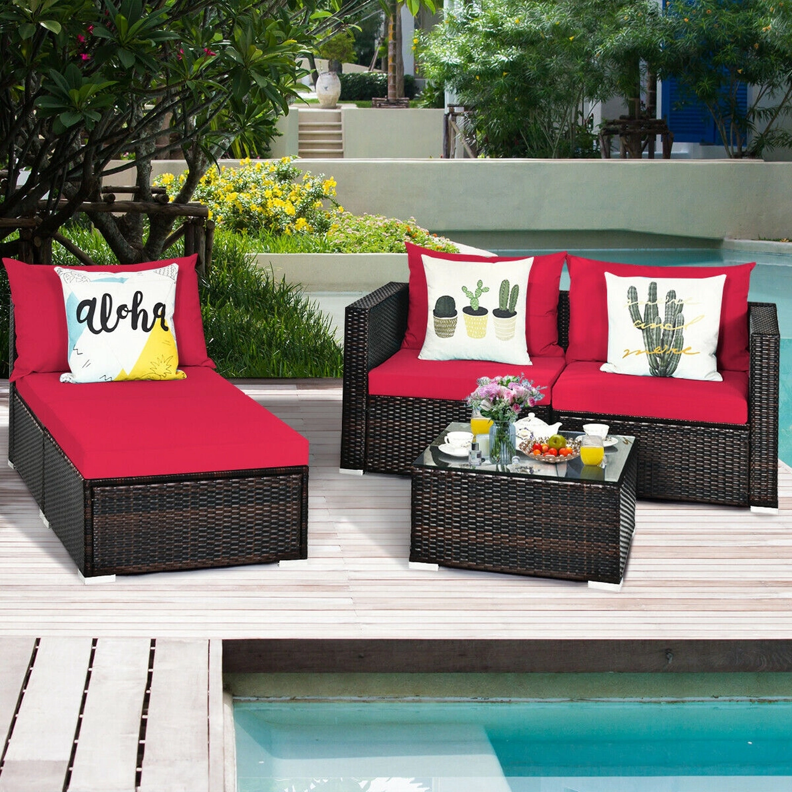 SUGIFT 5 Piece Patio Rattan Sectional Set Red with Ottoman and Tempered Glass Coffee Table