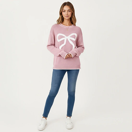 Anna-Kaci Women's Crew Neck Knit Sweater with Large Bow Graphic Design
