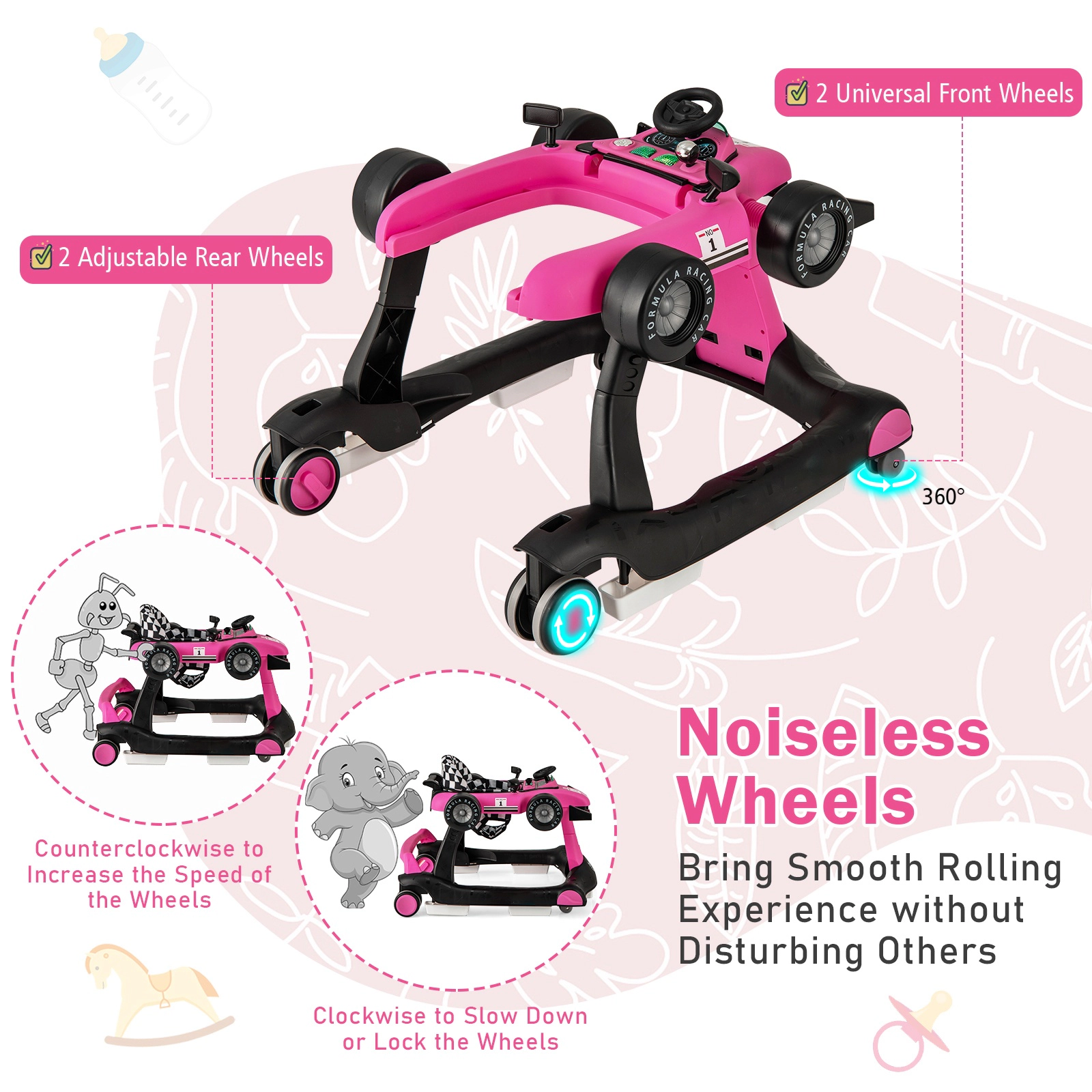 SUGIFT 4-in-1 Foldable Activity Push Walker with Adjustable Height 25-lb Capacity Ages 6-18 Months Pink
