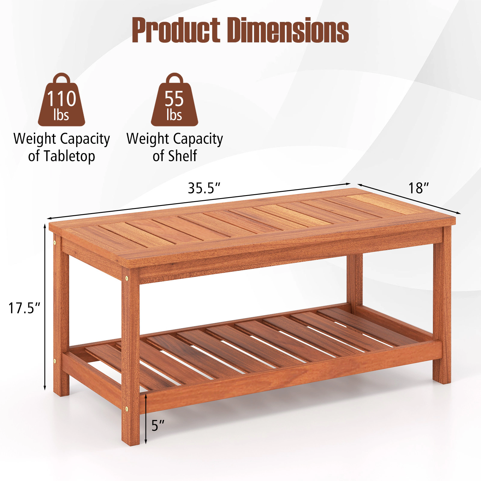 SUGIFT 2-Tier Patio Coffee Table Slatted Tabletop & Storage Shelf 110-lb Tabletop Capacity 55-lb Shelf Capacity Natural